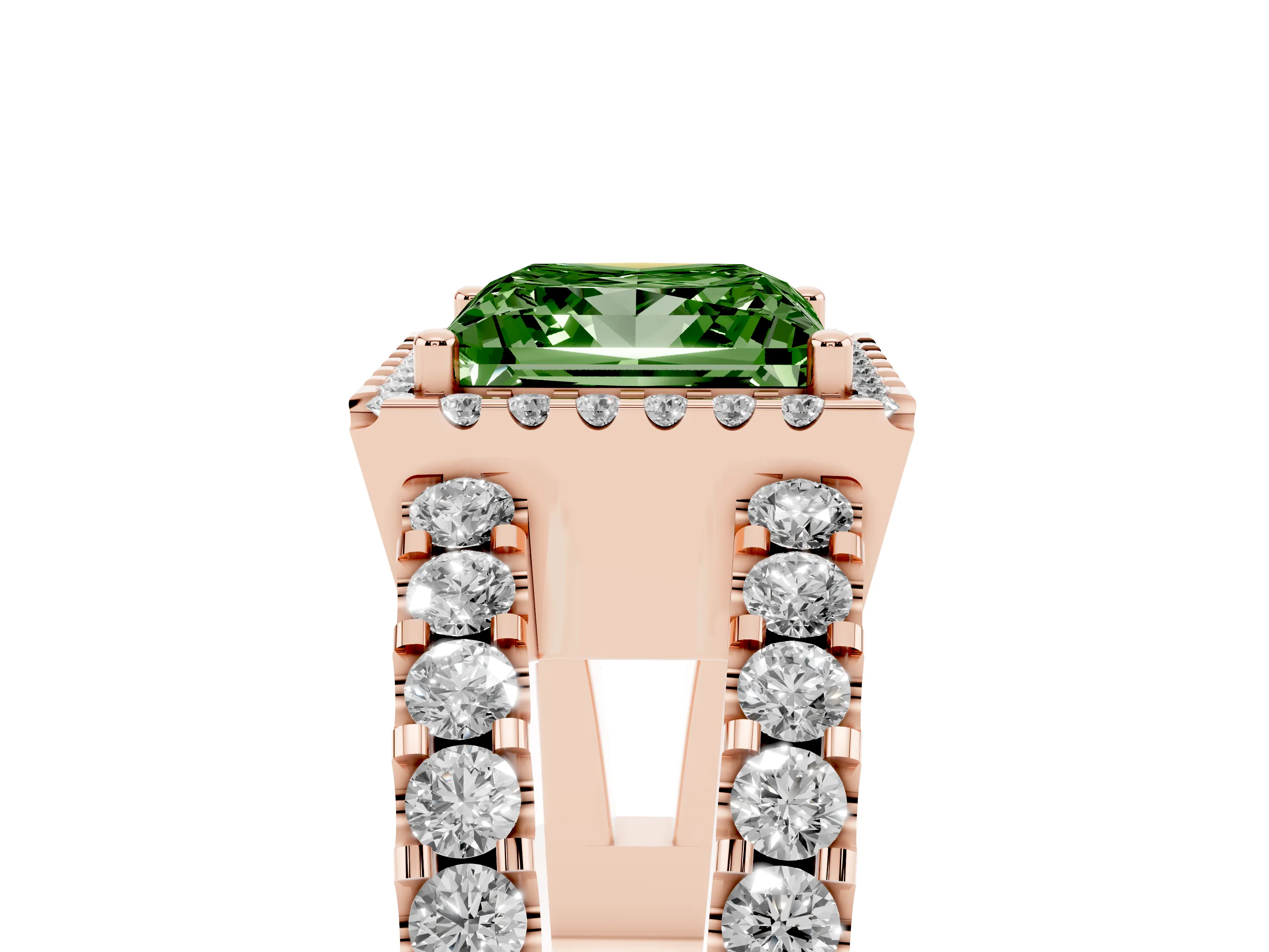 Fancy Green Princess Cut Diamond Halo Ring Set in Rose gold with Pavé Split Shank and Prong Setting