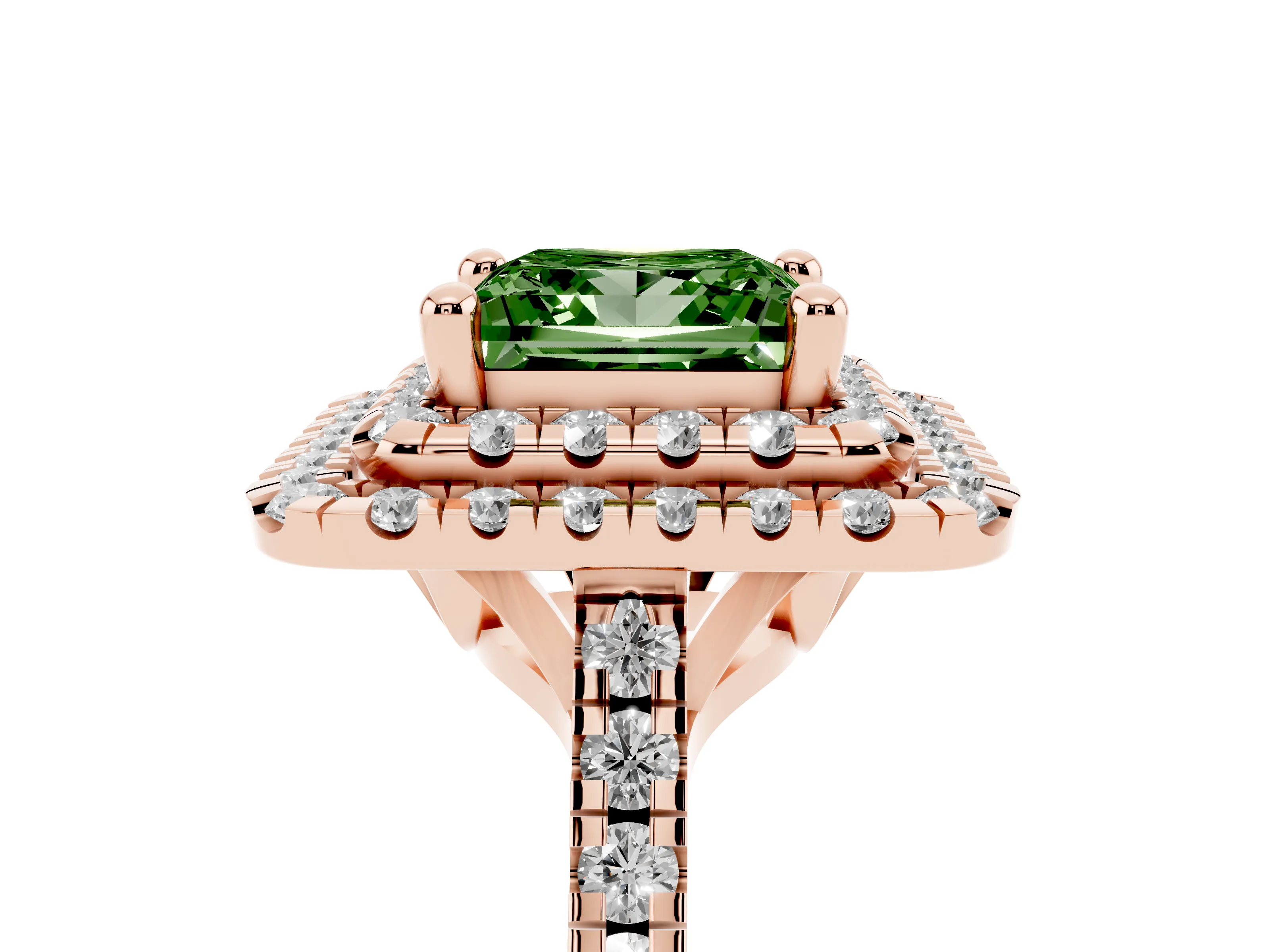 Fancy Green Princess Cut Diamond Double Halo Statement Ring Set in Rose gold with Pavé Band