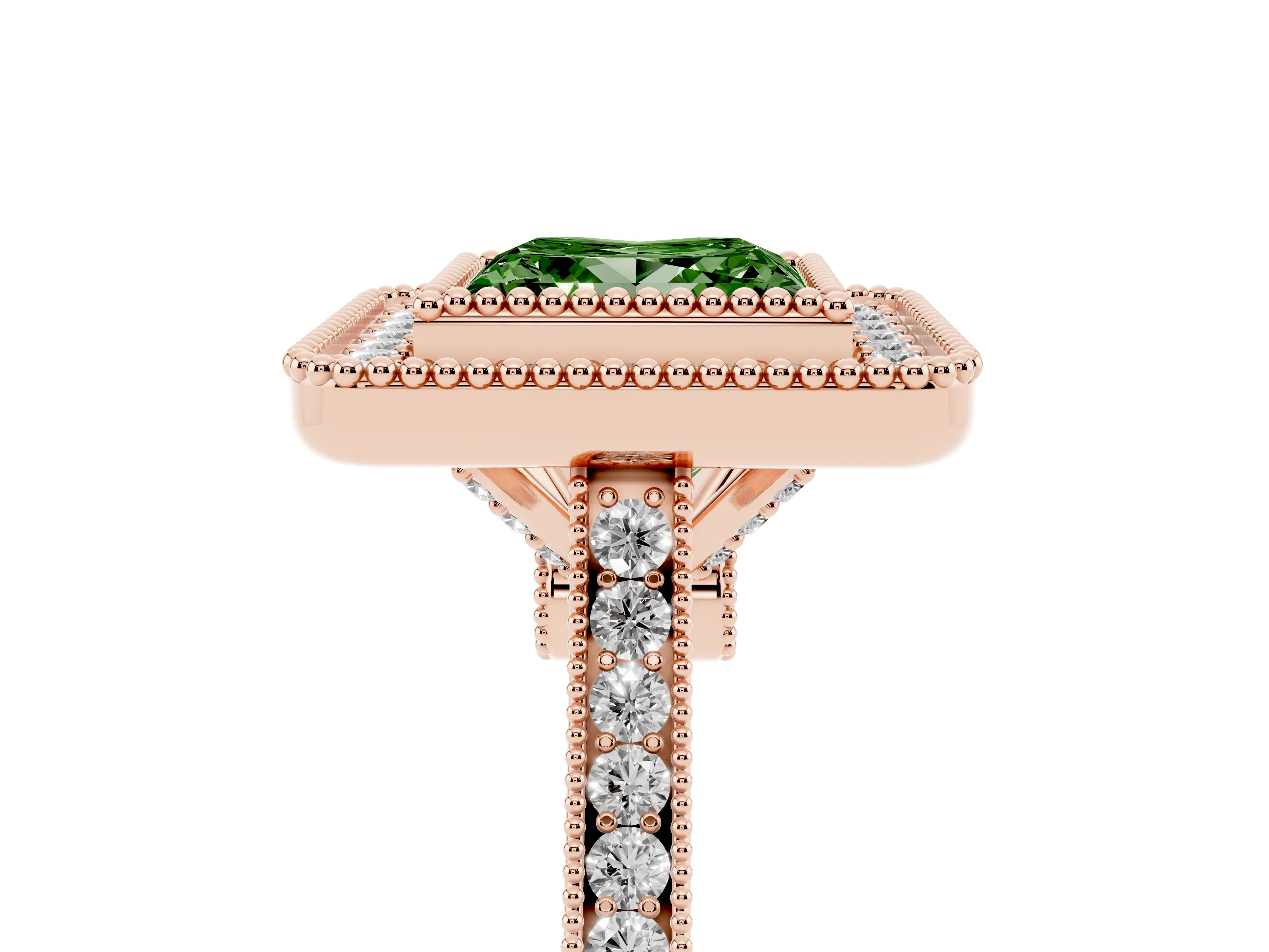 Fancy Green Princess Cut Diamond Halo Ring Set in Rose gold with Milgrain Frame and Pavé Band