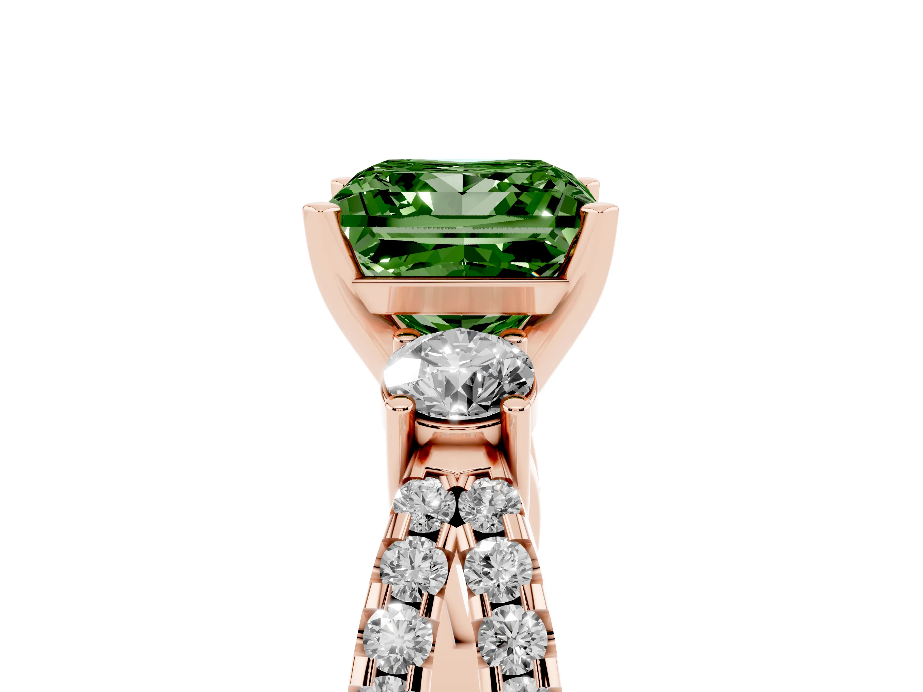 Fancy Green Princess Cut Diamond Three-Stone Ring Set in Rose gold with Pavé Split Shank and Prong Setting