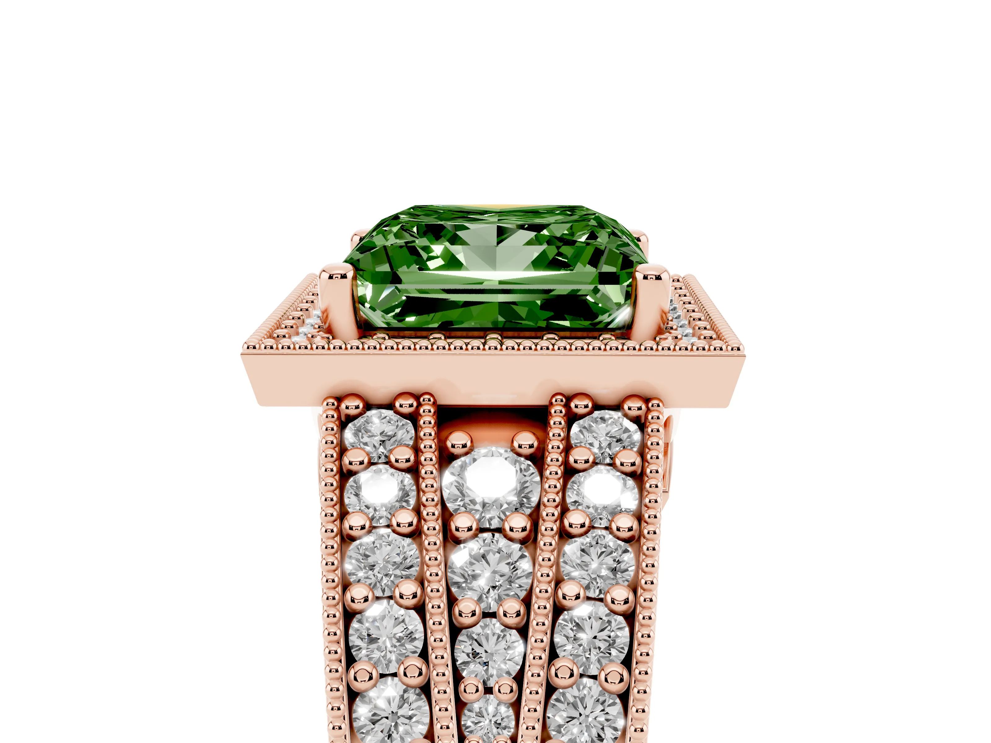 Fancy Green Princess Cut Diamond Halo Ring Set in Rose gold with Accent Split Shank and Prong Setting