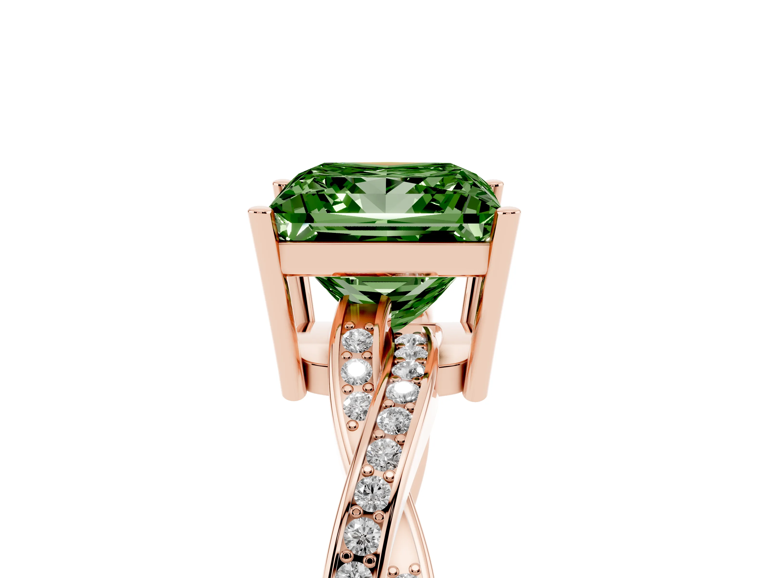 Fancy Green Princess Cut Diamond Solitaire Twisted Pavé Ring Set in Rose gold with Prong Setting