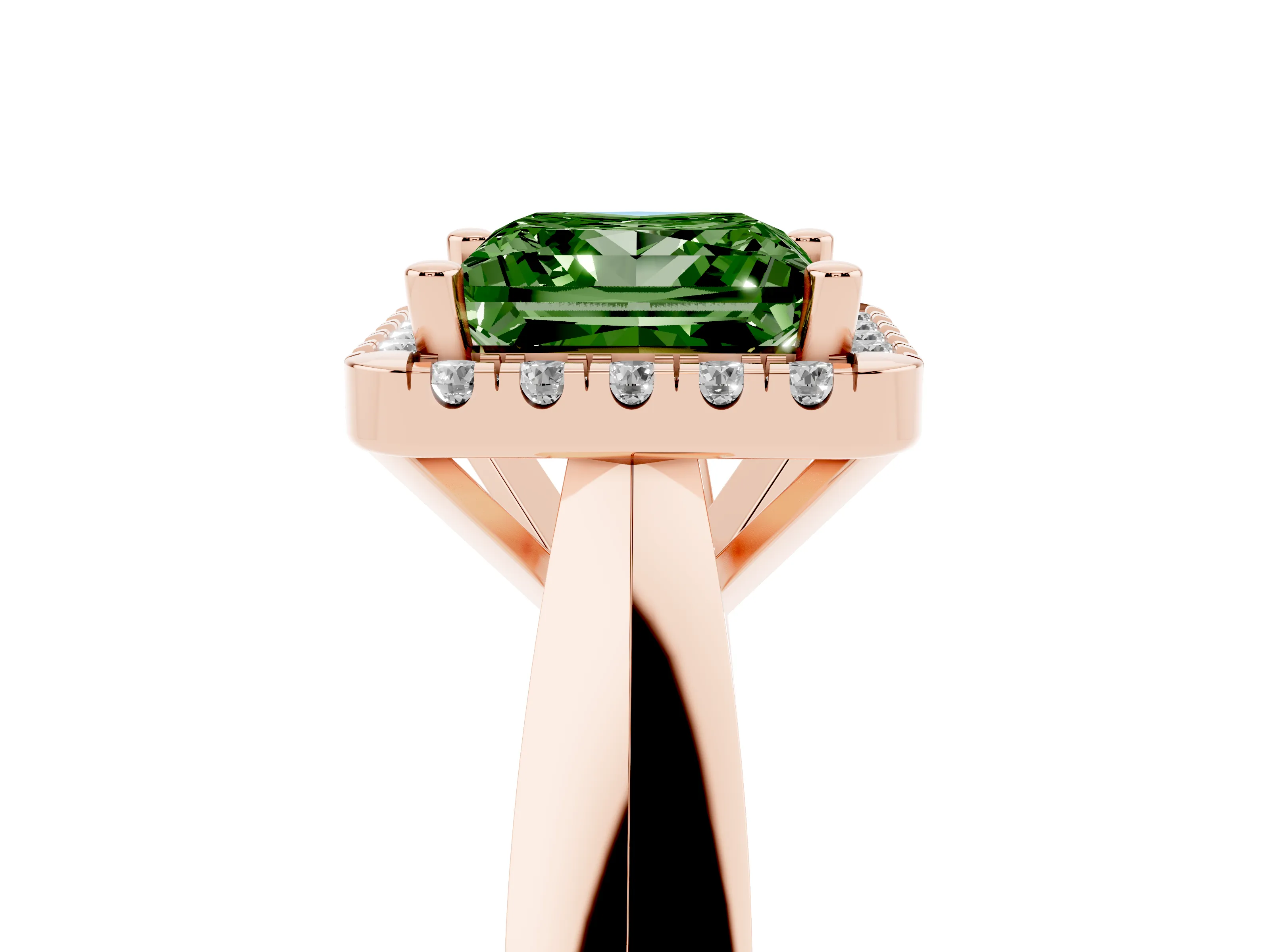 Fancy Green Princess Cut Diamond Halo Solitaire Engagement Ring Set in Rose gold with Square Band and Prong Setting