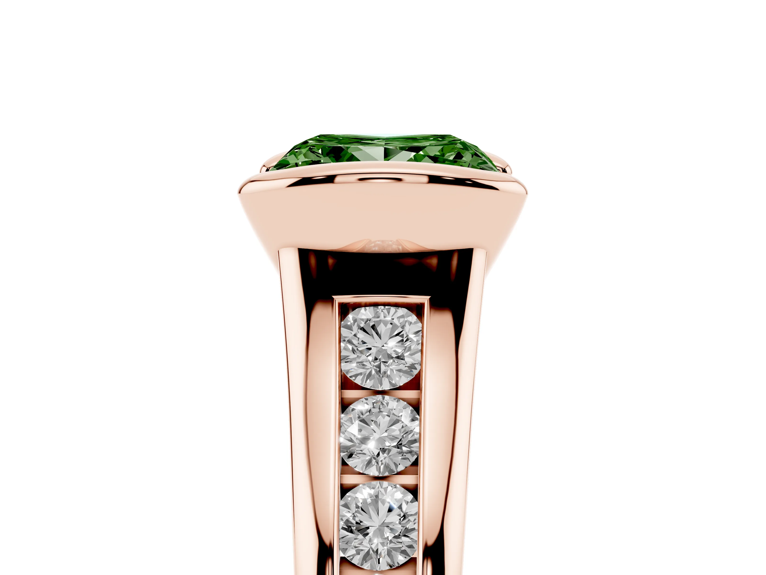 Fancy Green Princess Cut Diamond Bezel-Set Solitaire Ring Set in Rose gold with Channel-Set Band
