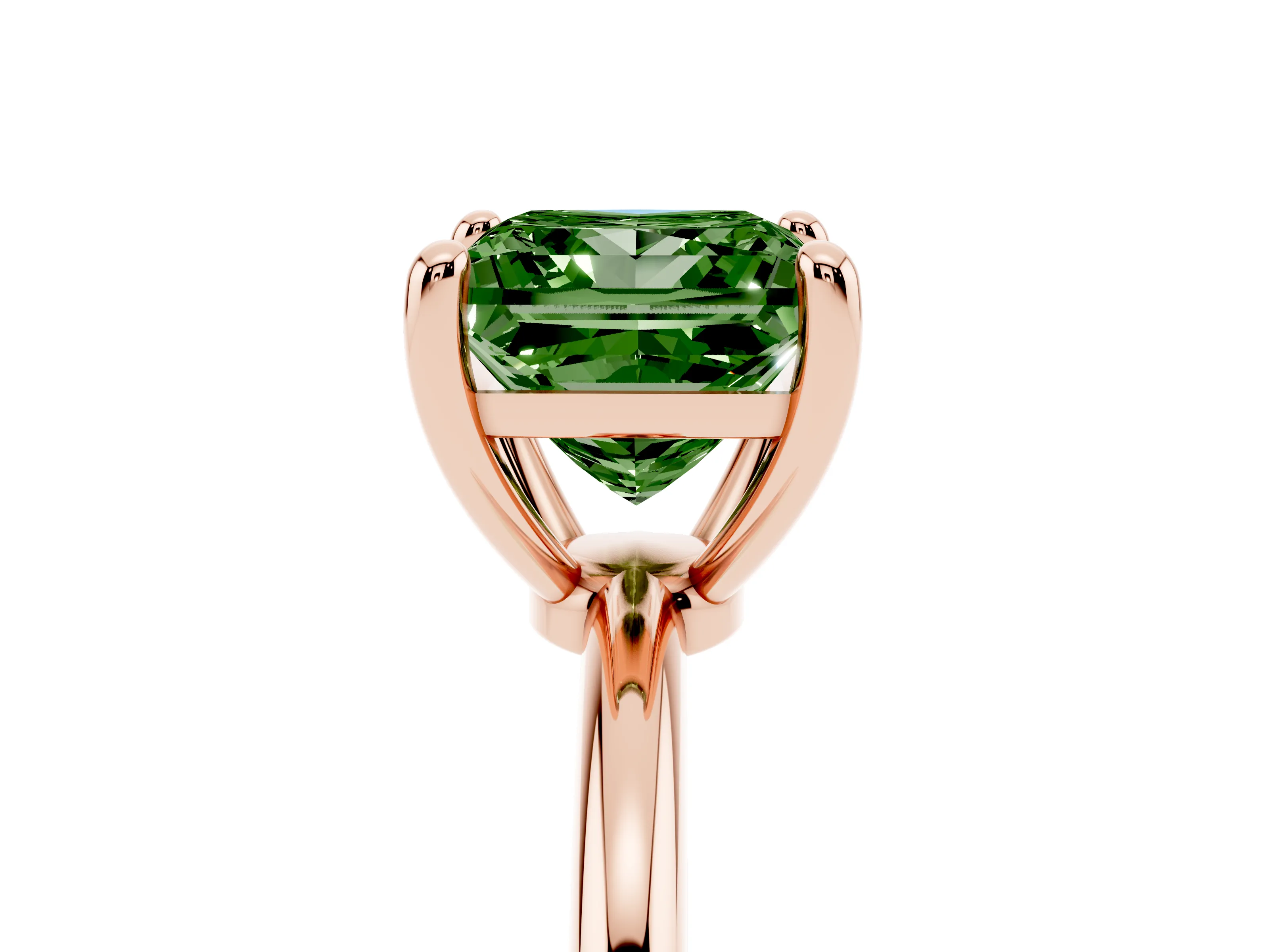 Fancy Green Princess Cut Diamond Solitaire Ring Set in Rose gold with Secure Prong Setting on a Classic Band