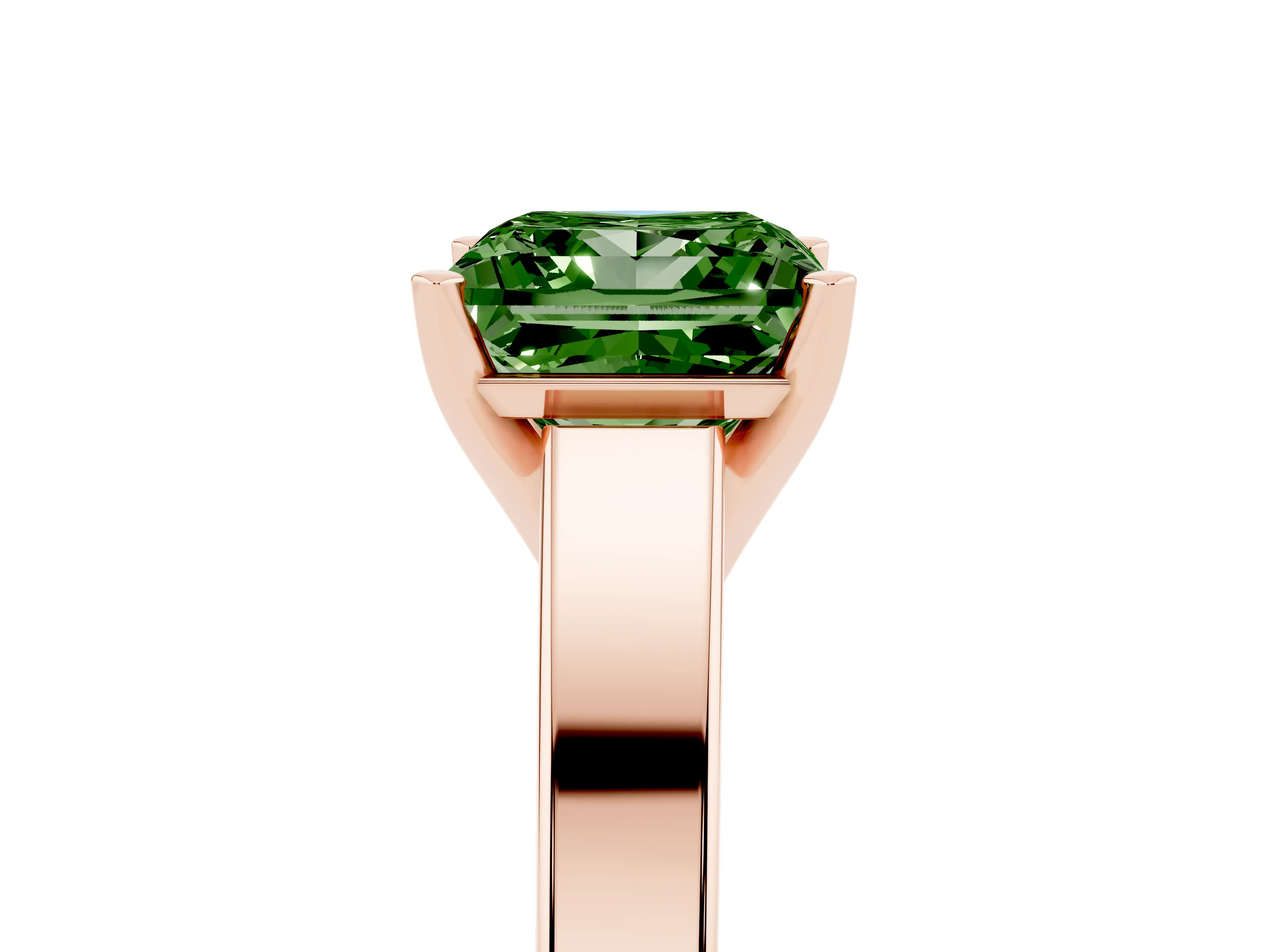 Fancy Green Princess Cut Diamond Solitaire Engagement Ring Set in Rose gold with Prong Setting and Tapered Band