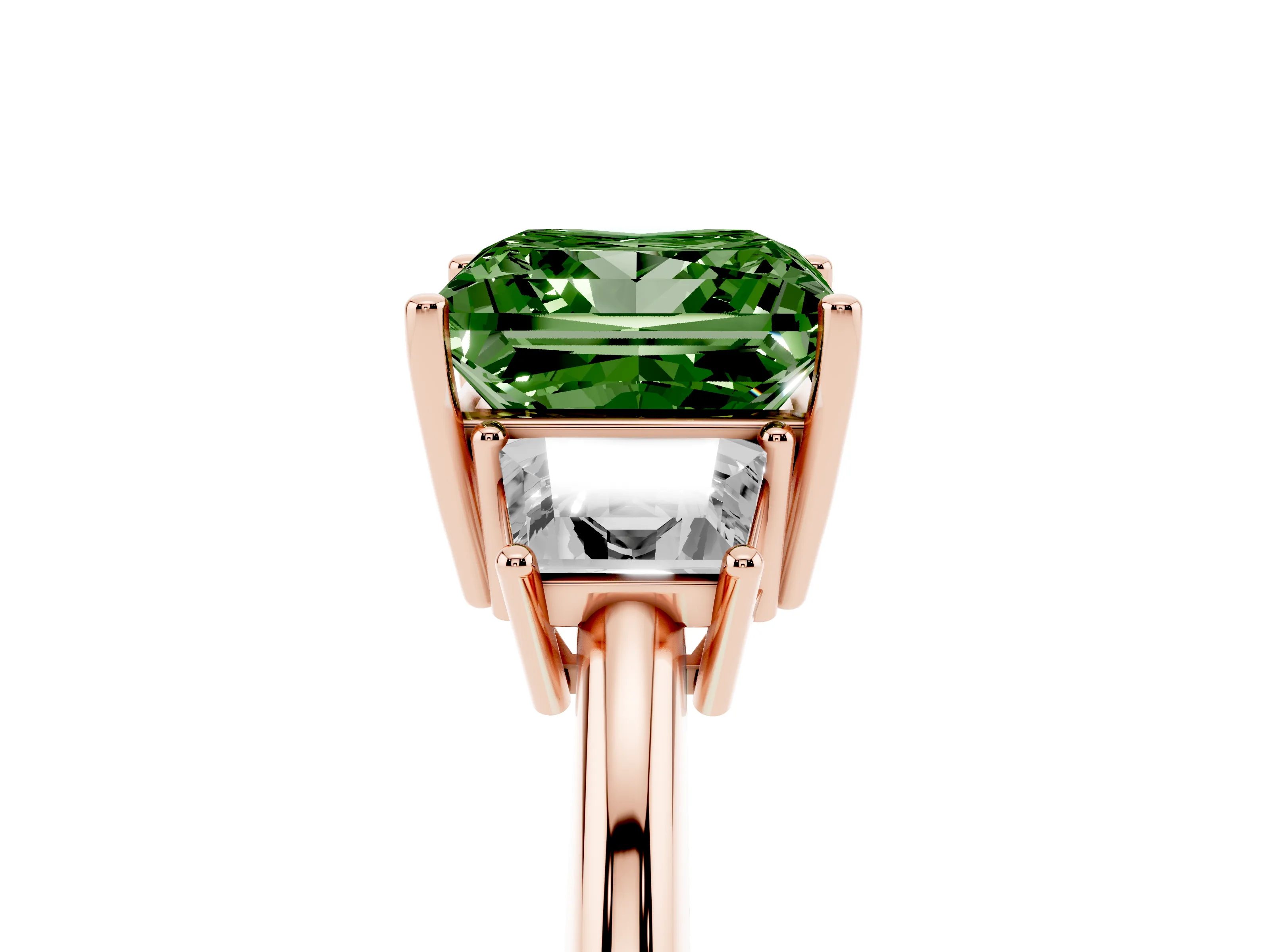 Fancy Green Princess Cut Diamond Three-Stone Ring Set in Rose gold with Trapezoid Side Stones and Prong Setting