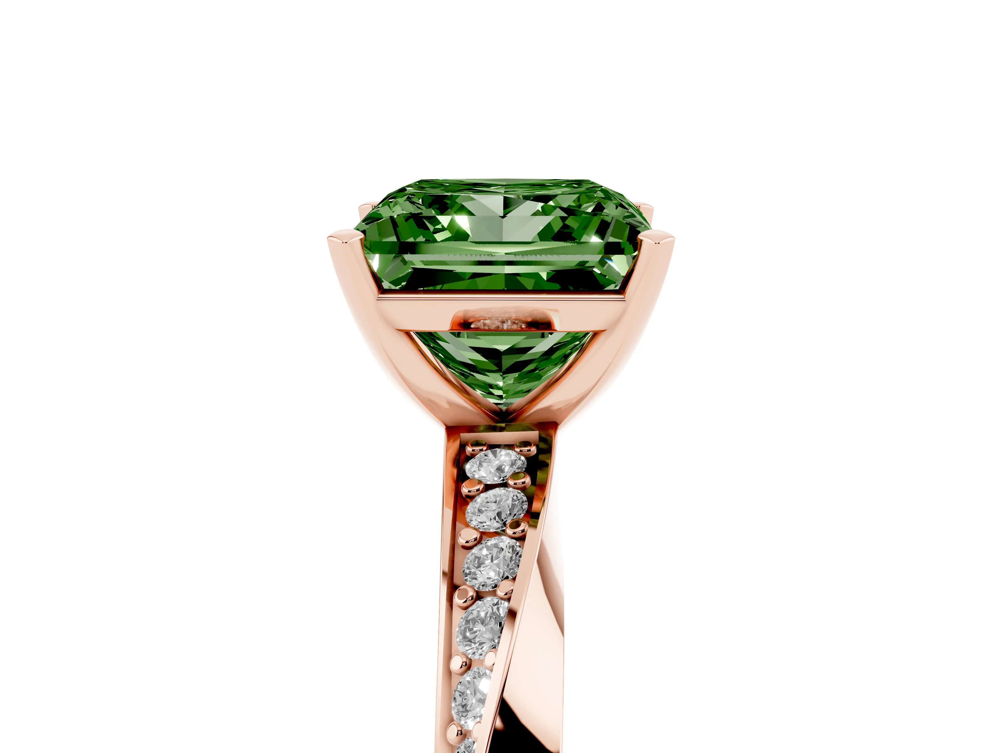 Fancy Green Princess Cut Diamond Engagement Ring Set in Rose gold with Side Stone Accents and Prong Setting