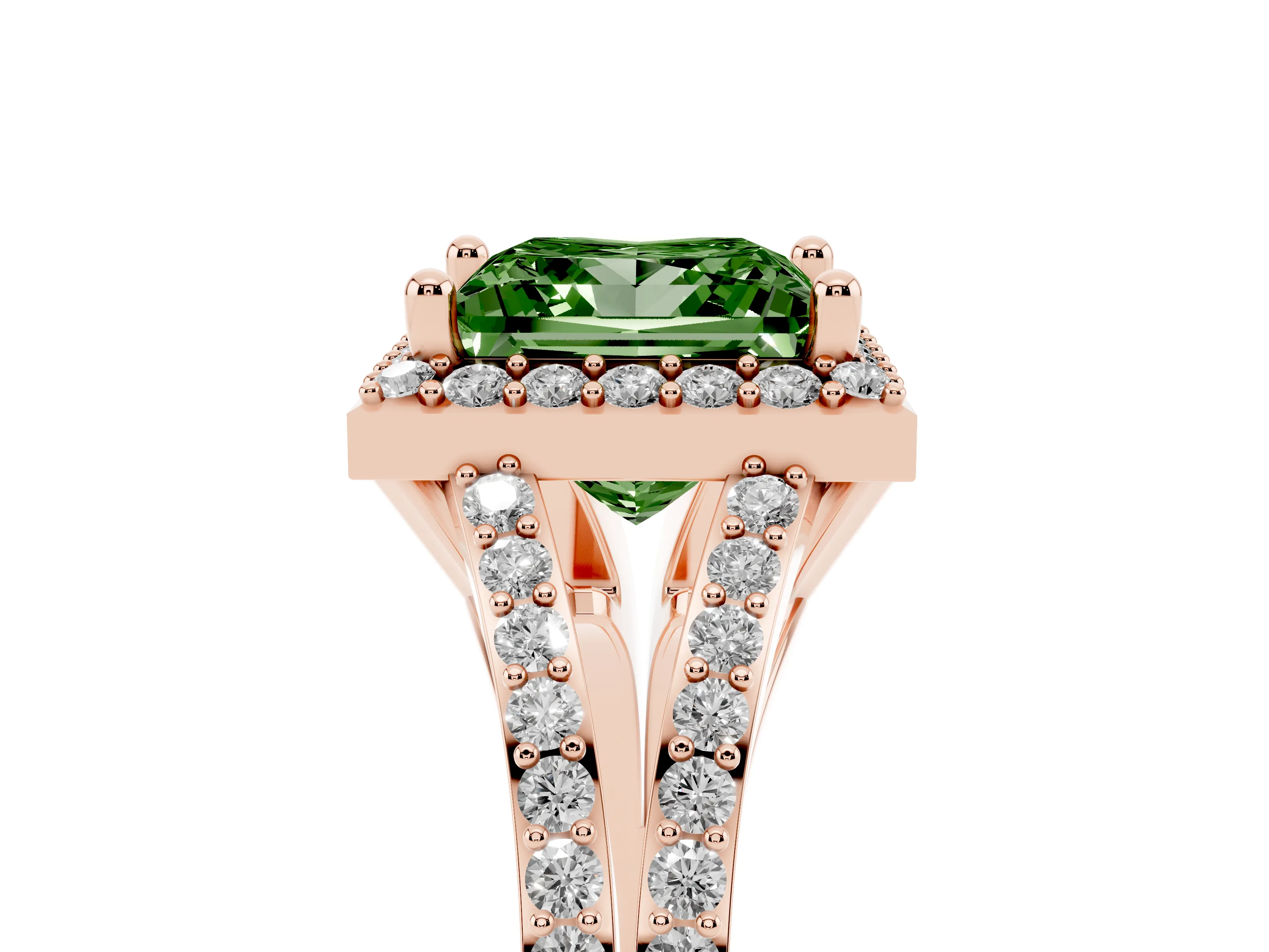 Fancy Green Princess Cut Diamond Halo Split Shank Pavé Ring Set in Rose gold with Prong Setting