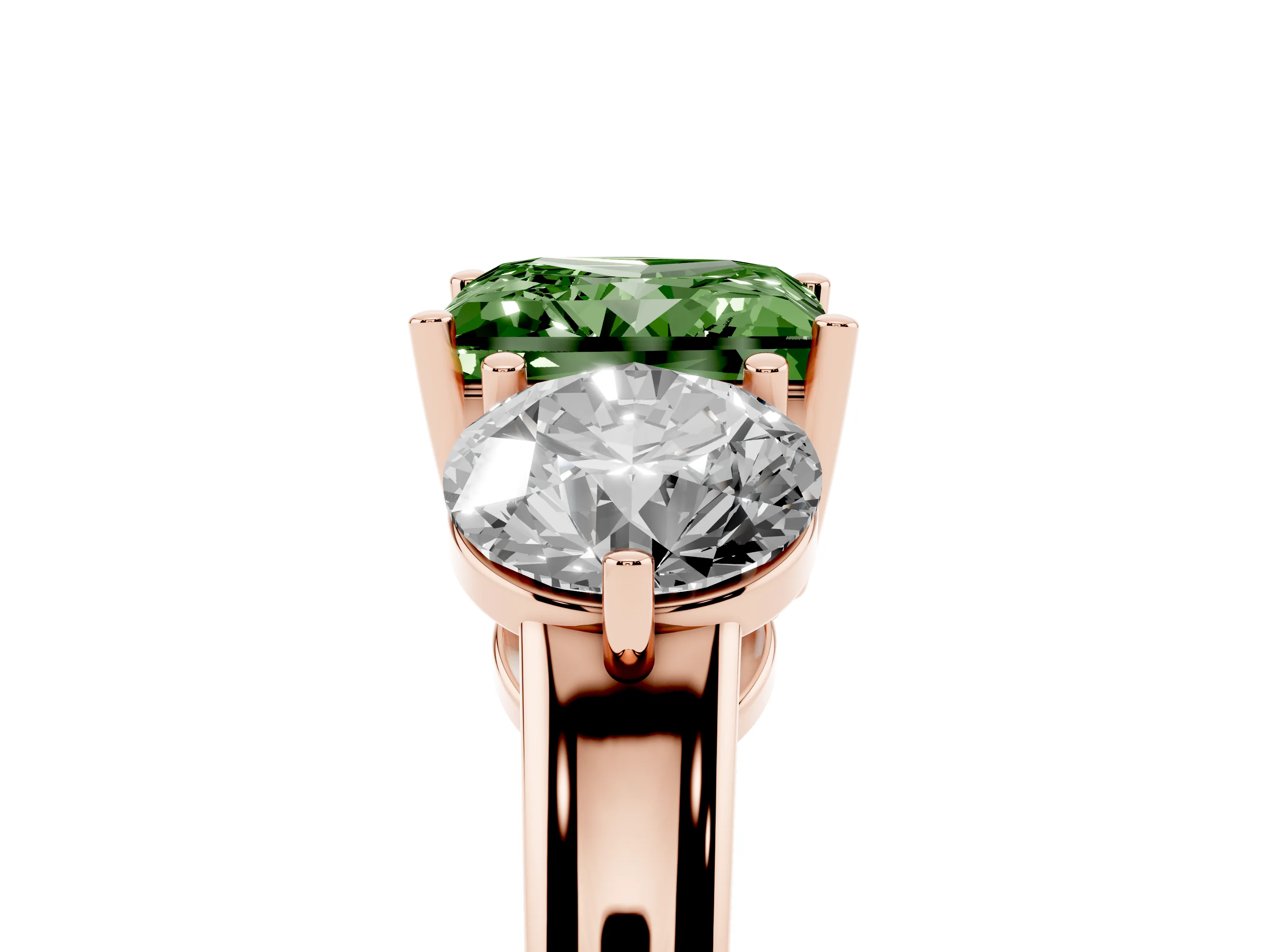 Fancy Green Princess Cut Diamond Three-Stone Ring Set in Rose gold with Prong Setting and Plain Band