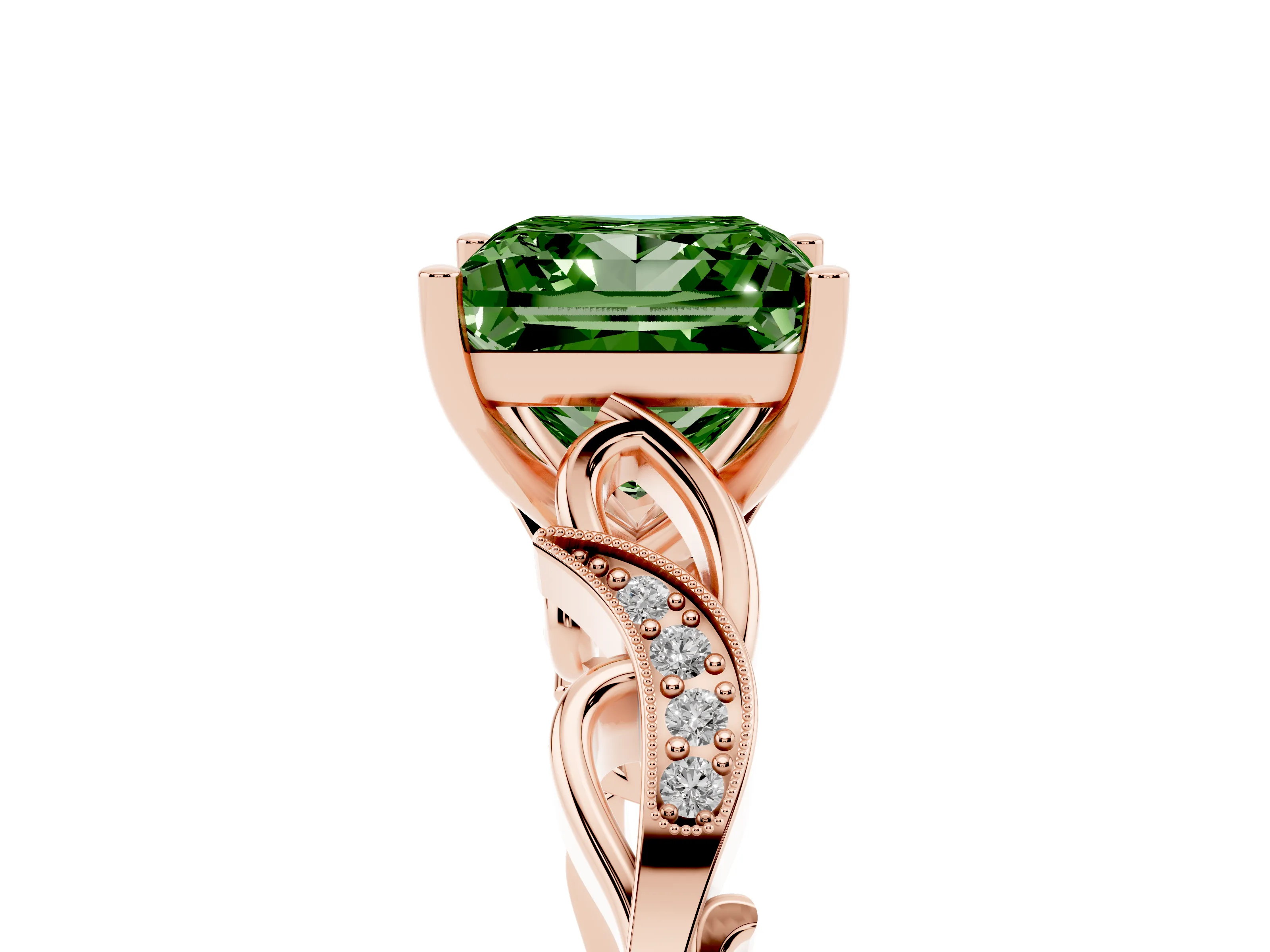 Fancy Green Princess Cut Diamond Vine Band Solitaire Ring Set in Rose gold with Milgrain Prong Setting