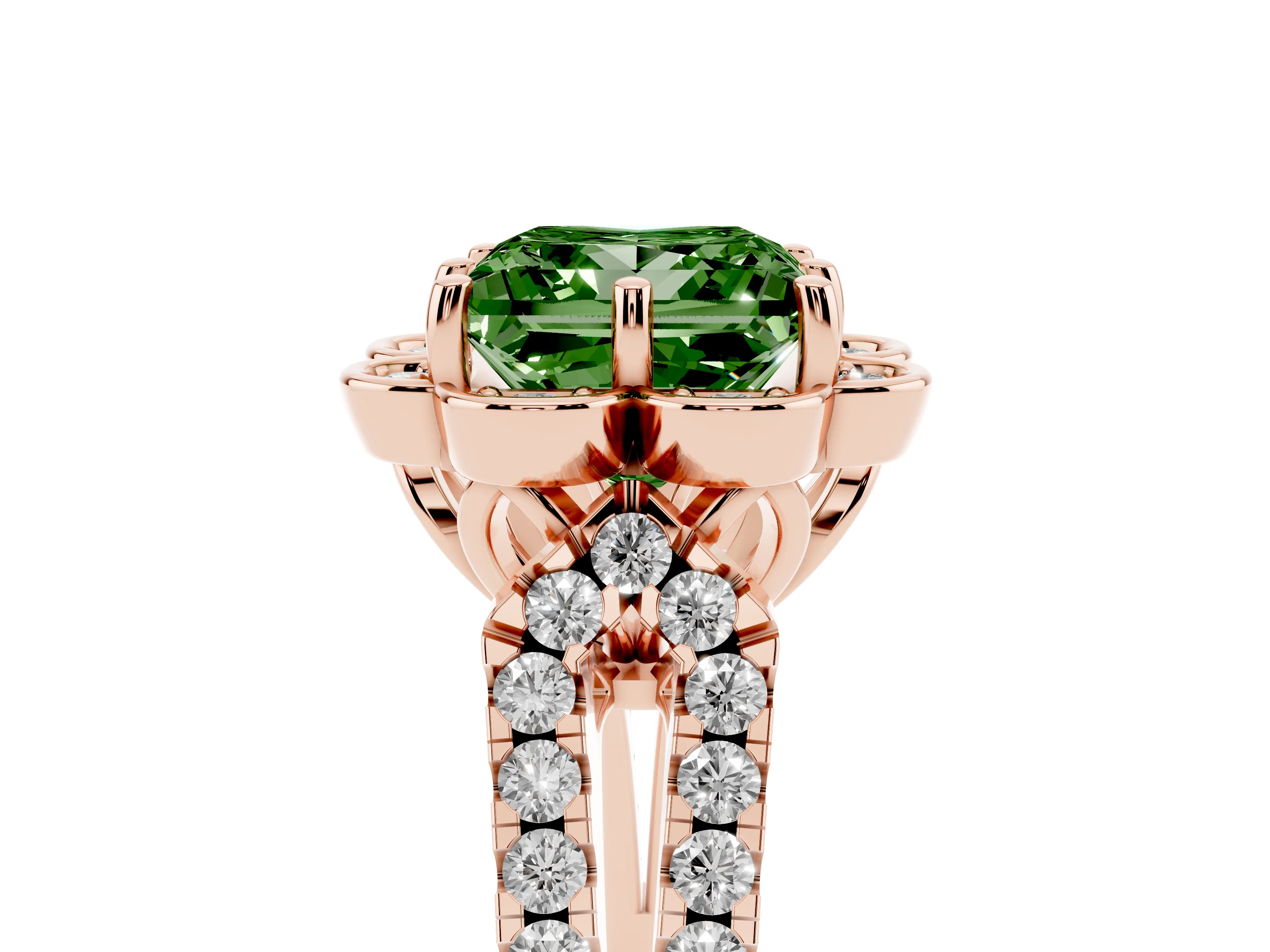 Fancy Green Princess Cut Diamond Floral Halo Split Shank Engagement Ring Set in Rose gold with Pavé Shank
