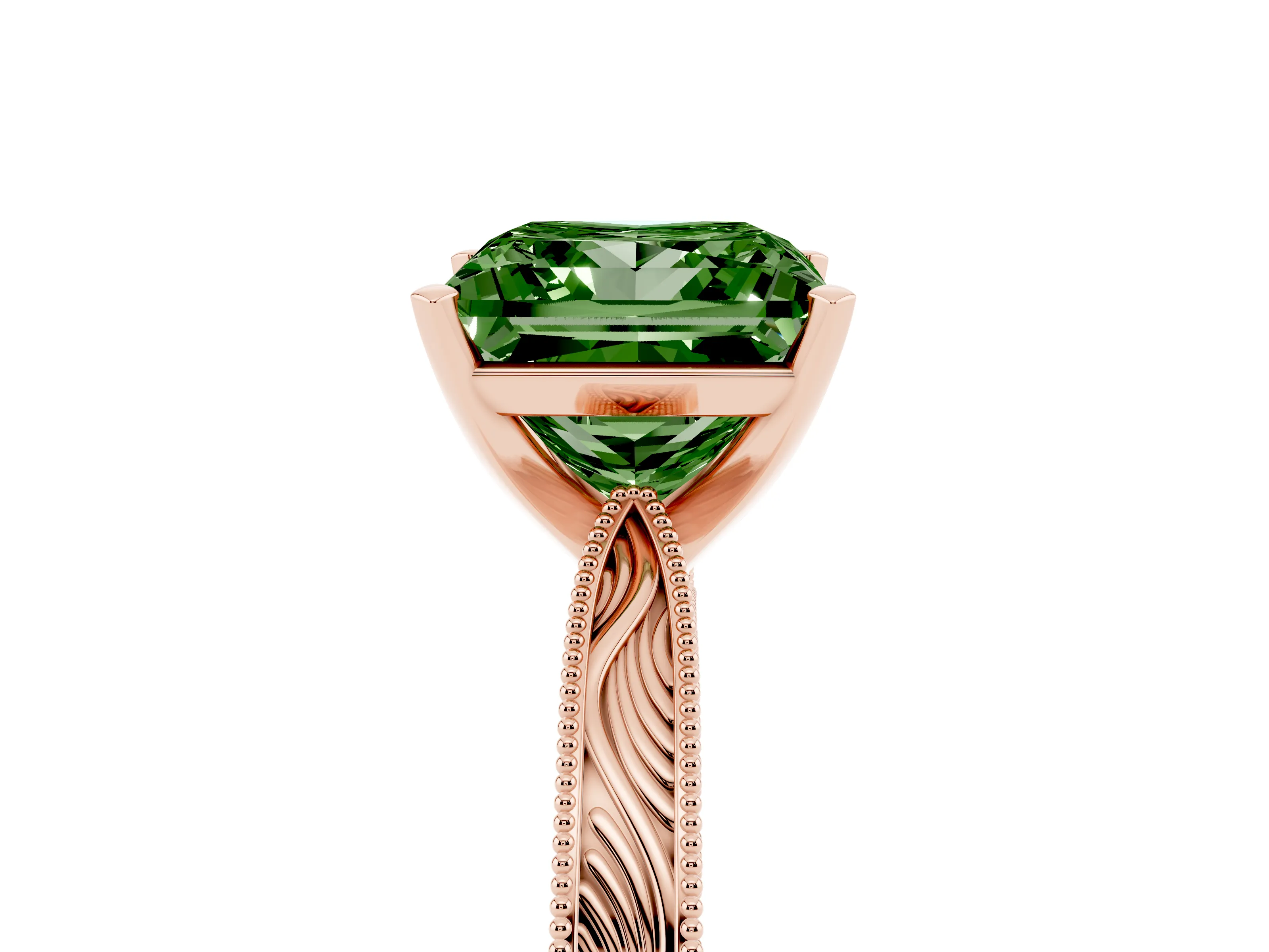 Fancy Green Princess Cut Diamond Solitaire Milgrain Engraved Band Set in Rose gold with Prong Setting