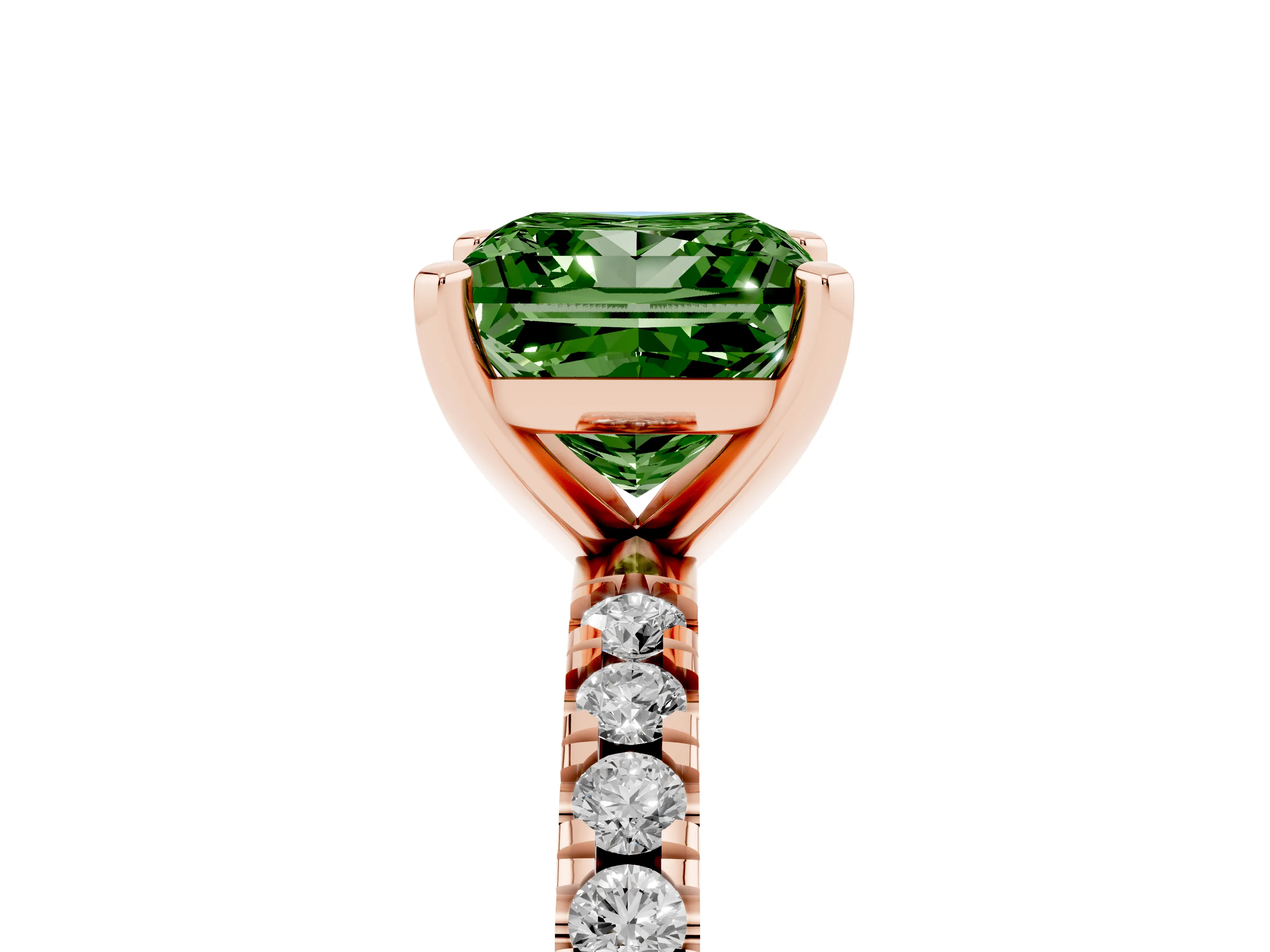 Fancy Green Princess Cut Diamond Pavé Band Solitaire Set in Rose gold with Prong Setting