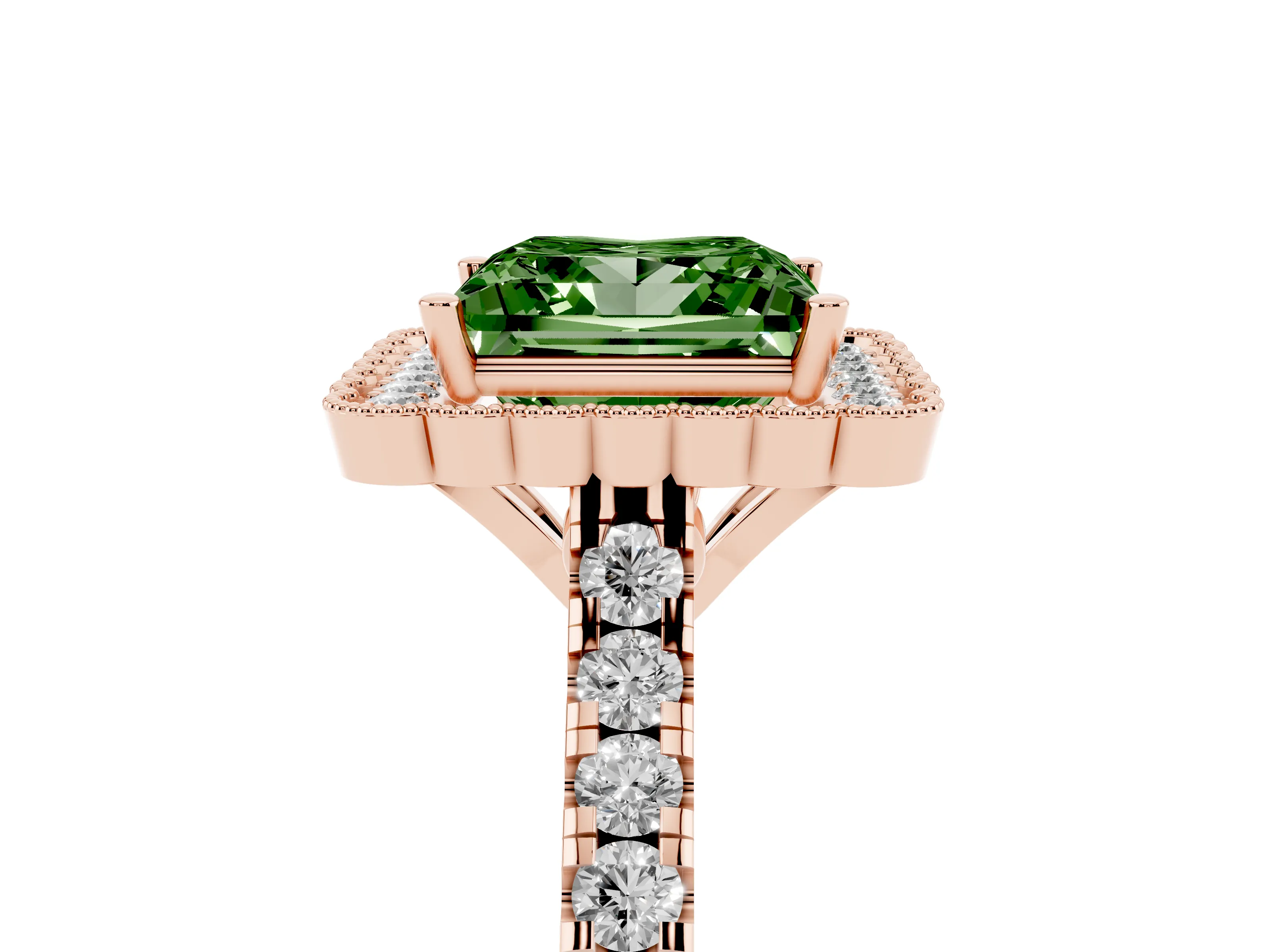 Fancy Green Princess Cut Diamond Milgrain Floral Halo Engagement Ring Set in Rose gold with Pavé Band