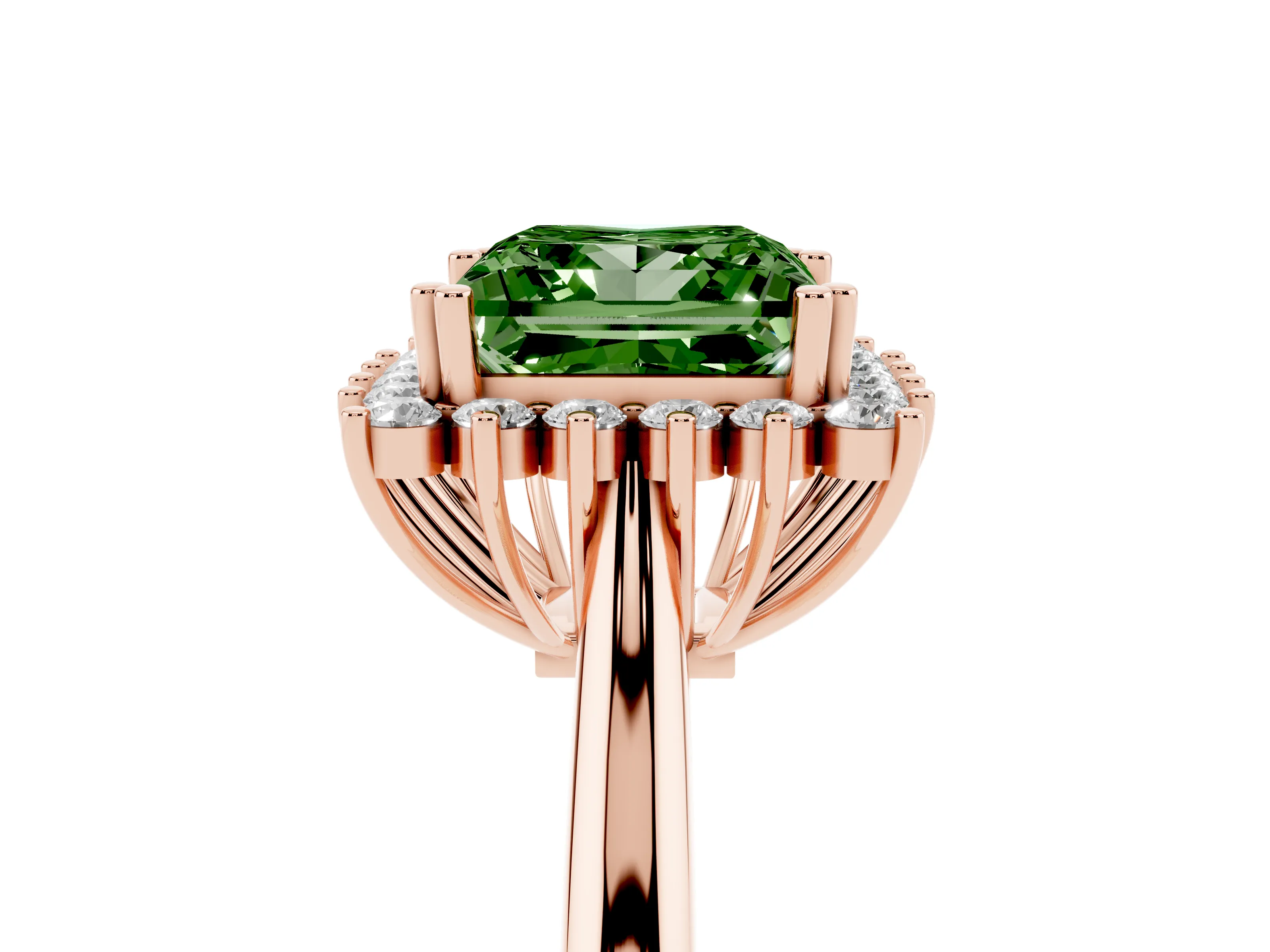 Fancy Green Princess Cut Diamond Halo Ring Set in Rose gold with Plain Solitaire Band and Prong Setting