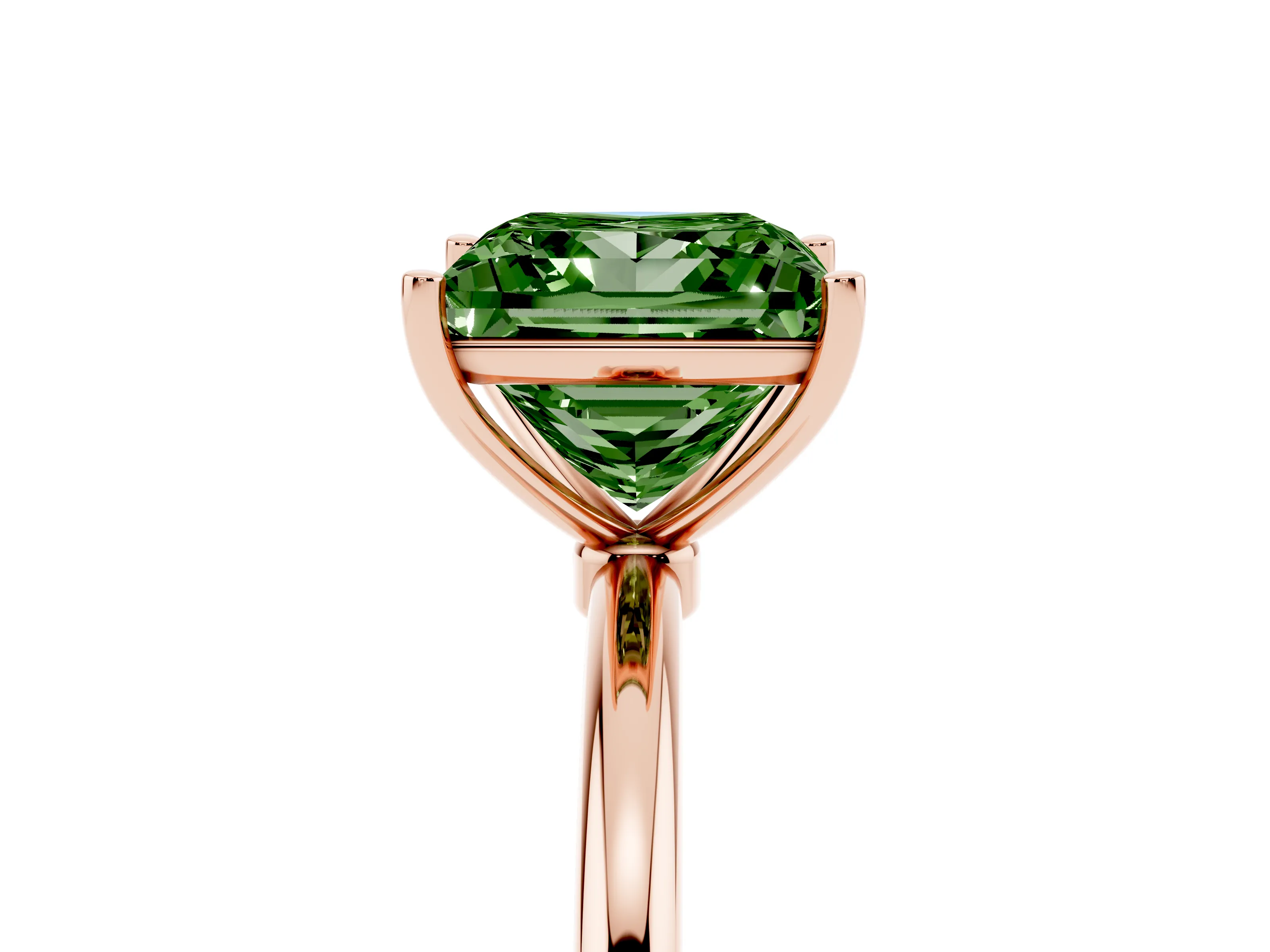 Fancy Green Princess Cut Diamond Solitaire Engagement Ring Set in Rose gold with Thin Band and Prong Setting