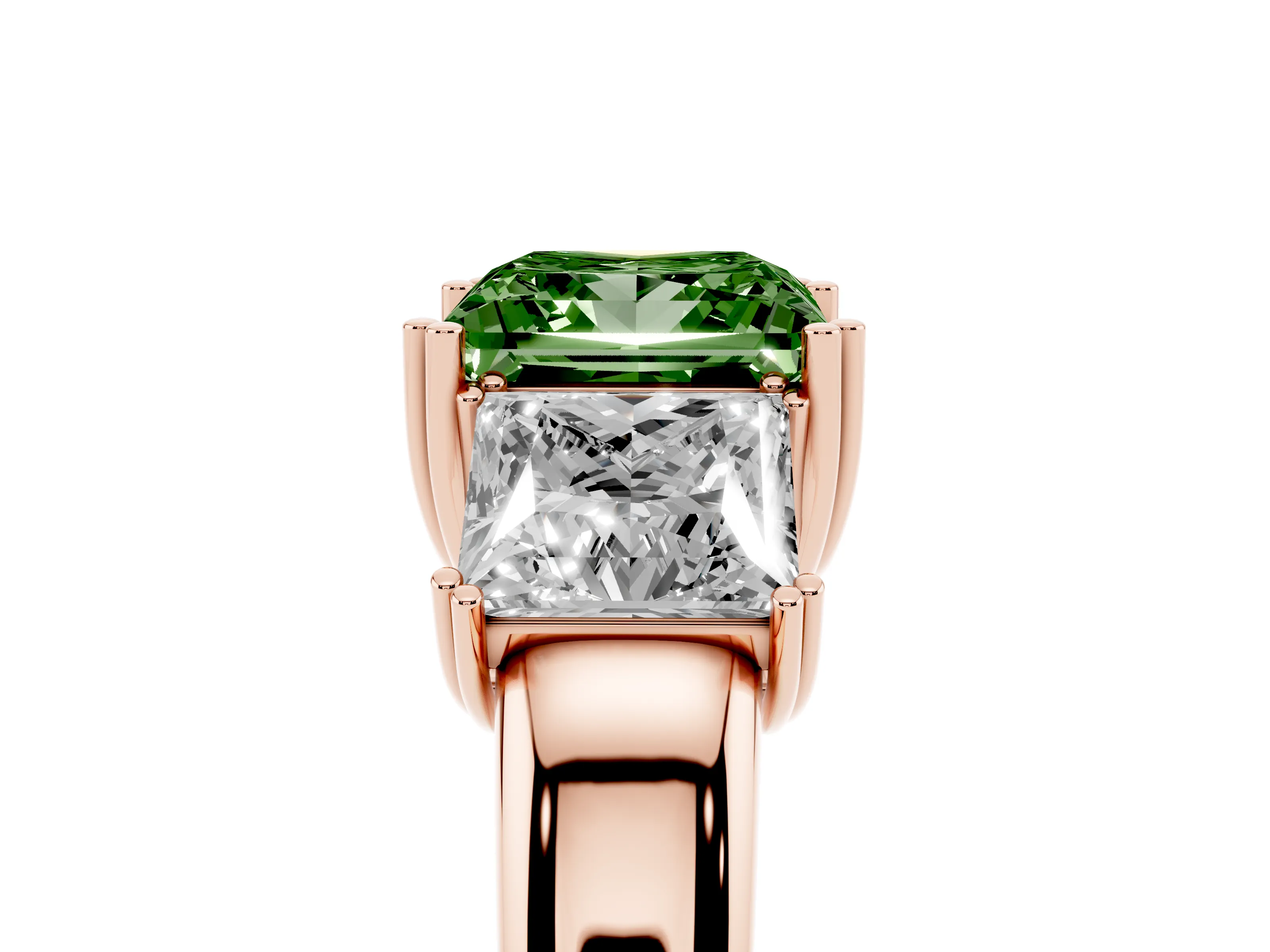 Fancy Green Princess Cut Diamond Three-Stone Ring Set in Rose gold with Polished Channel-Set Band