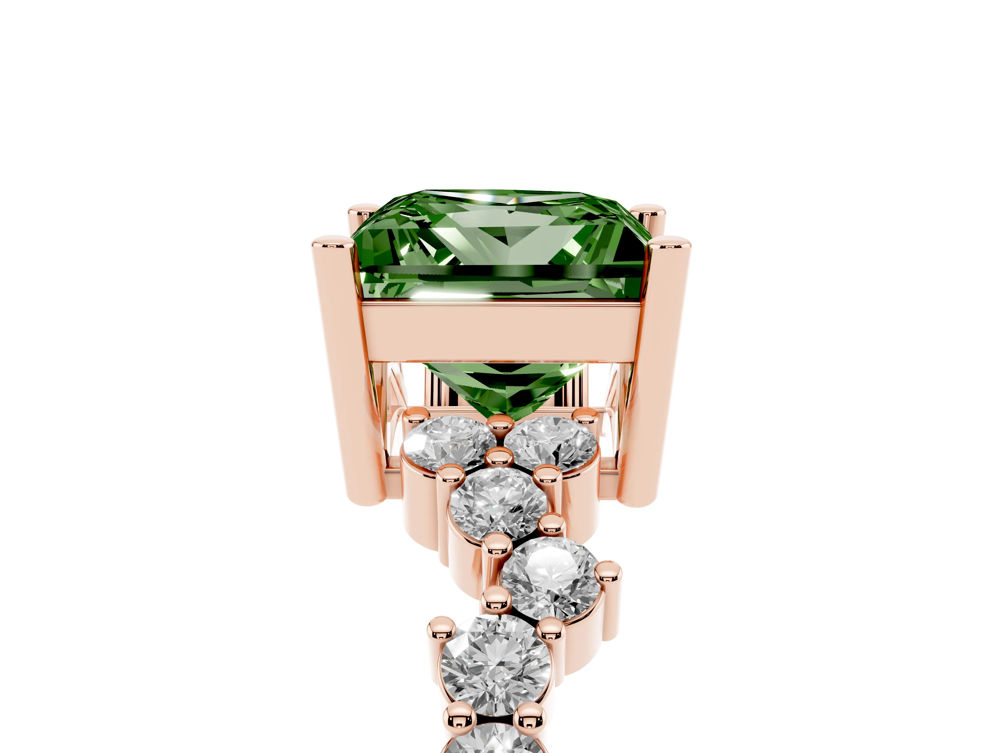 Fancy Green Princess Cut Diamond Ring Set in Rose gold with Scattered Round Accents
