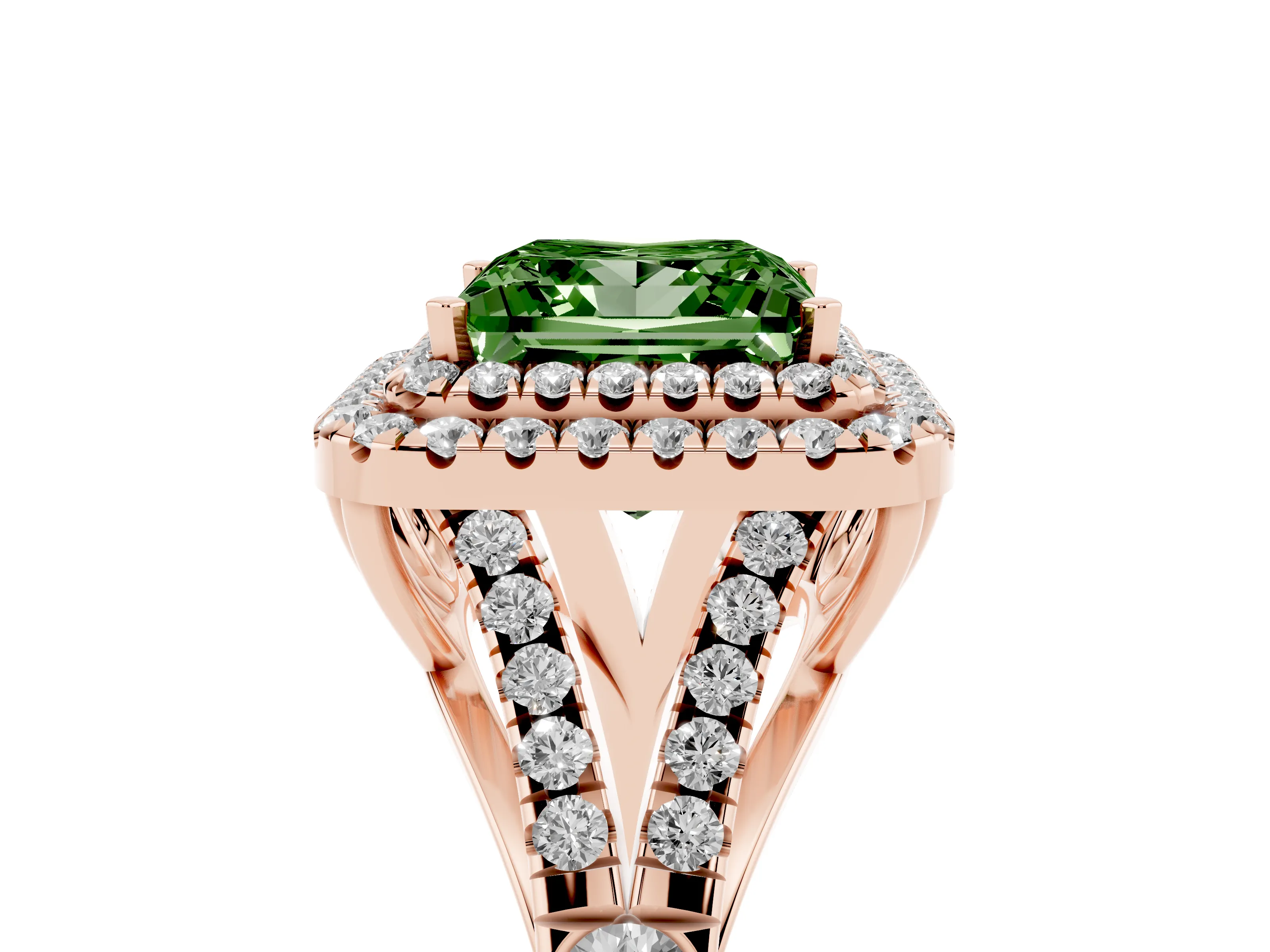 Fancy Green Princess Cut Diamond Pavé Split Shank Double Halo Engagement Ring Set in Rose gold