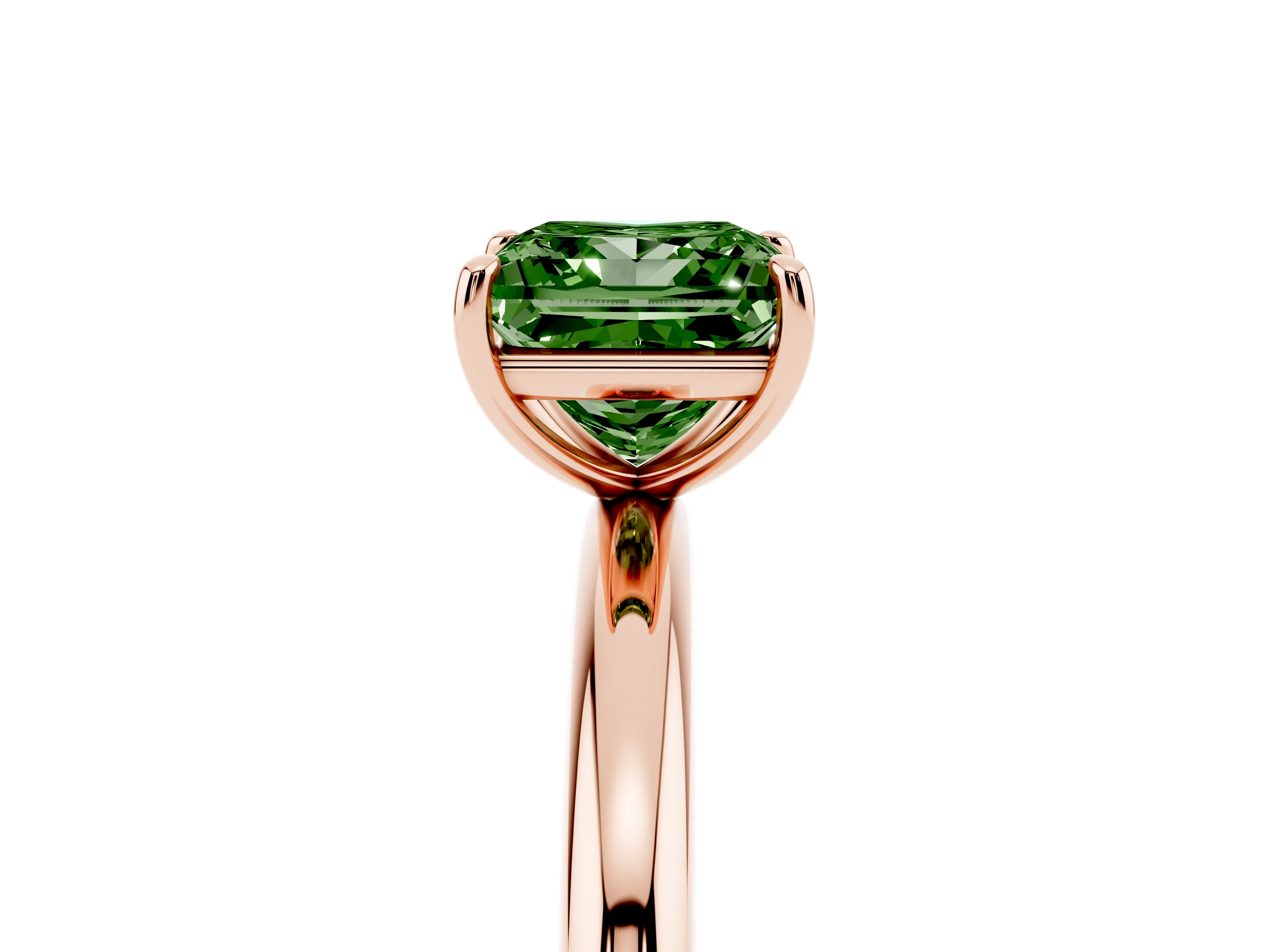 Fancy Green Princess Cut Diamond Solitaire Ring Set in Rose gold with Prong Setting on a Polished Plain Band