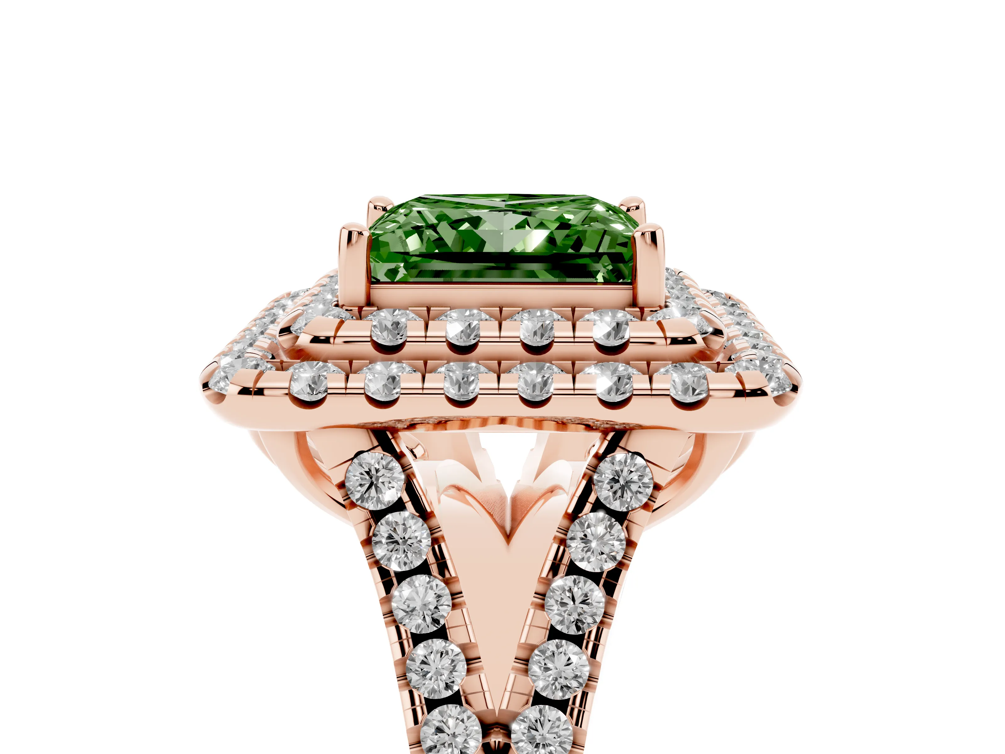 Fancy Green Princess Cut Diamond Double Halo Ring Set in Rose gold with Pavé Split Shank and Prong Setting