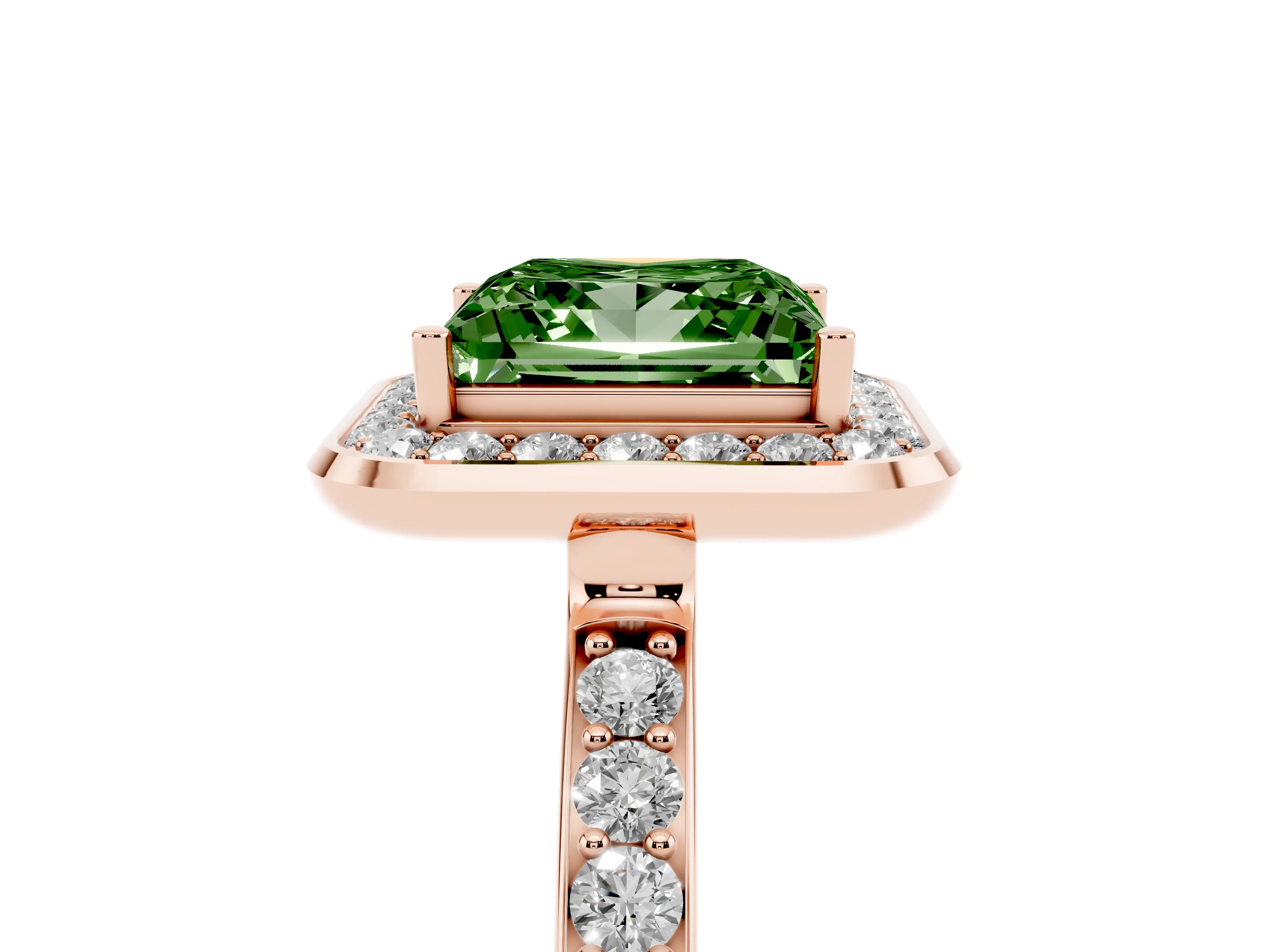 Fancy Green Princess Cut Diamond Halo Ring Set in Rose gold with Bezel Frame and Pavé Band