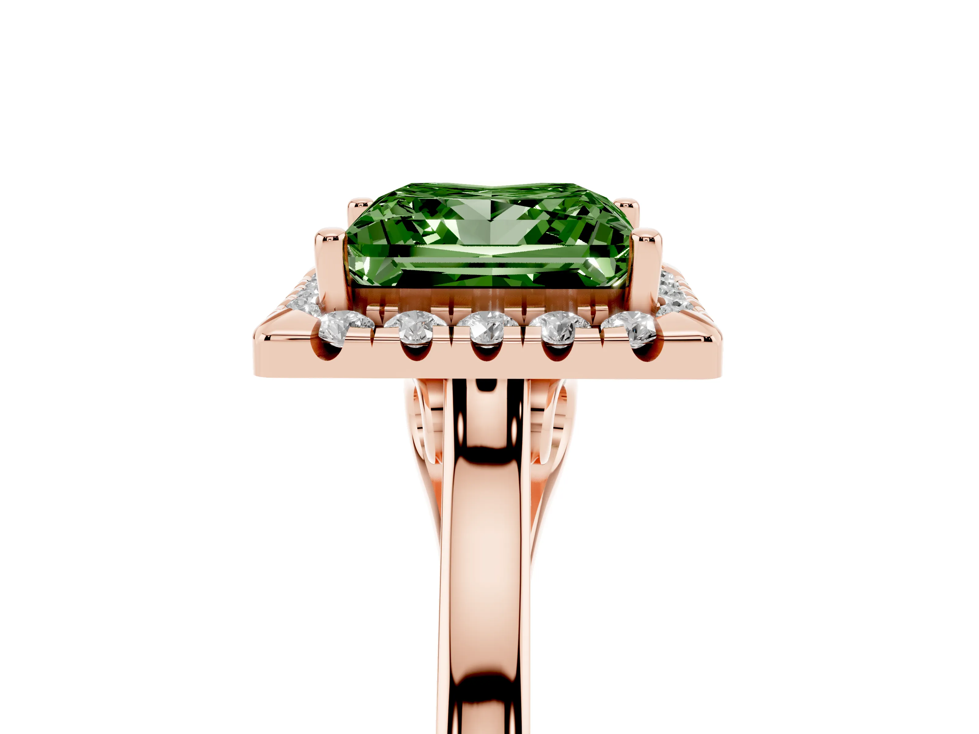 Fancy Green Princess Cut Halo Round Diamond Solitaire Ring Set in Rose gold with Pavé Band and Prong Setting