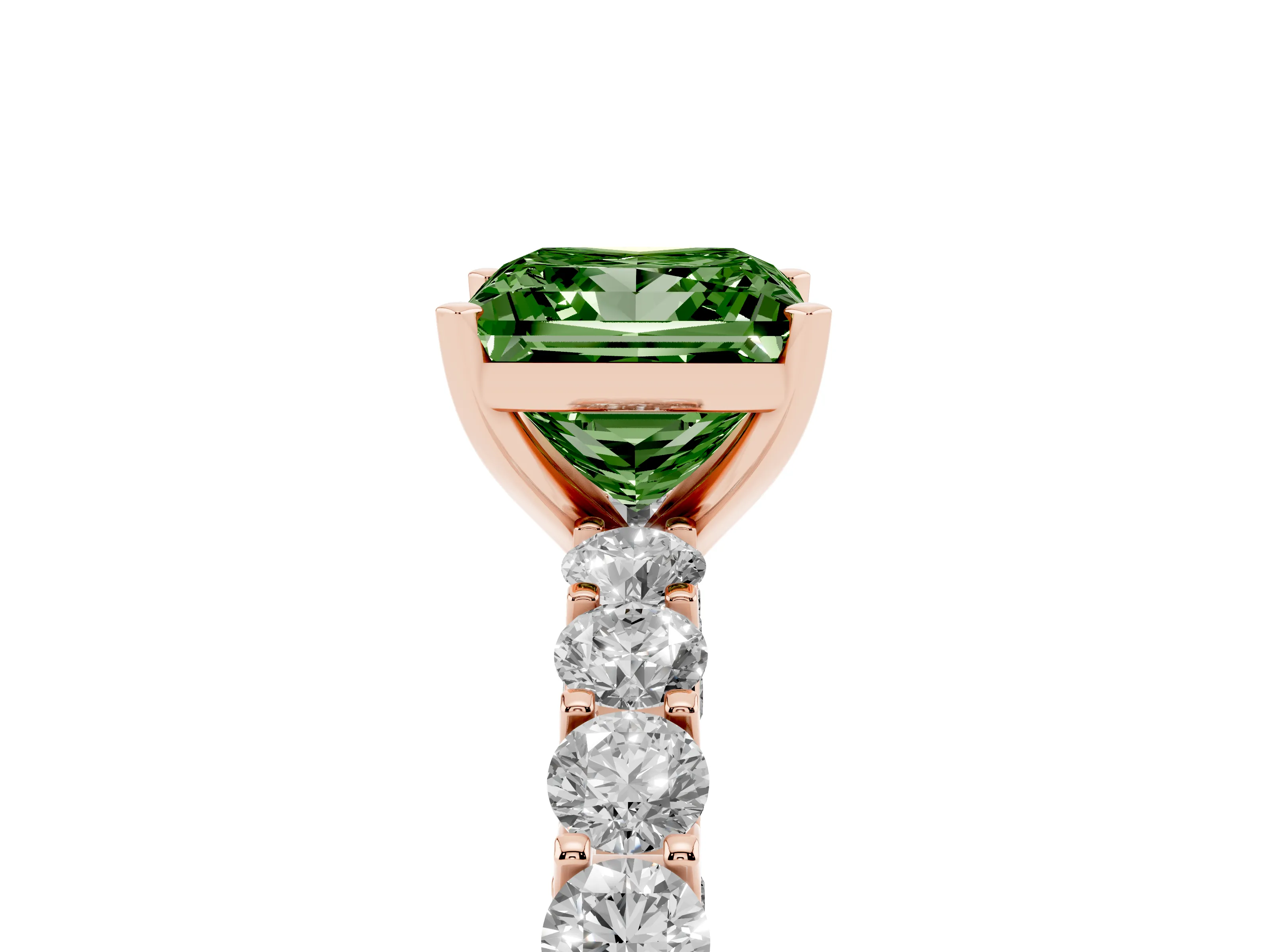 Fancy Green Princess Cut Diamond Solitaire Ring Set in Rose gold with Shared Prong Pavé Band