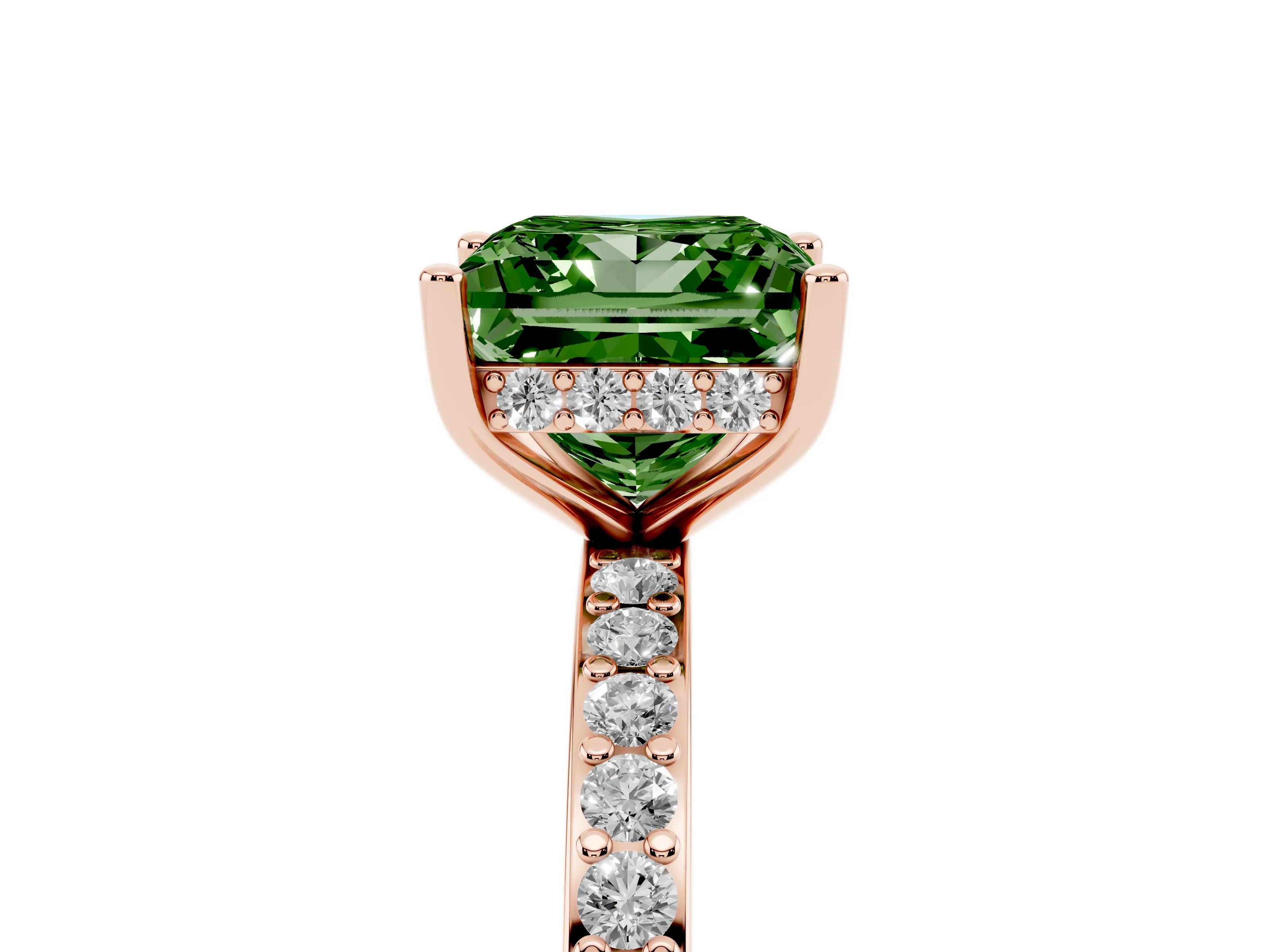 Fancy Green Princess Cut Diamond Pavé Band Ring Set in Rose gold with Prong-Set Center Stone