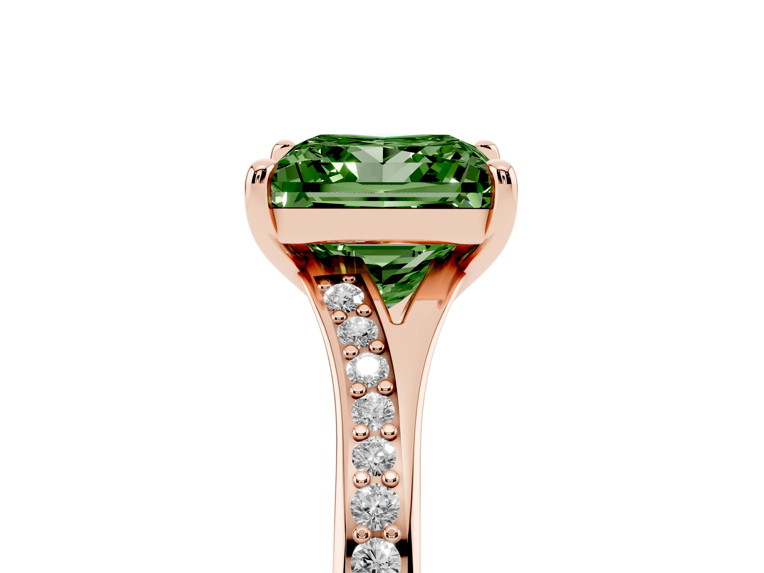Fancy Green Princess Cut Diamond Solitaire Ring Set in Rose gold with Pavé Accent Band and Classic Prong Setting