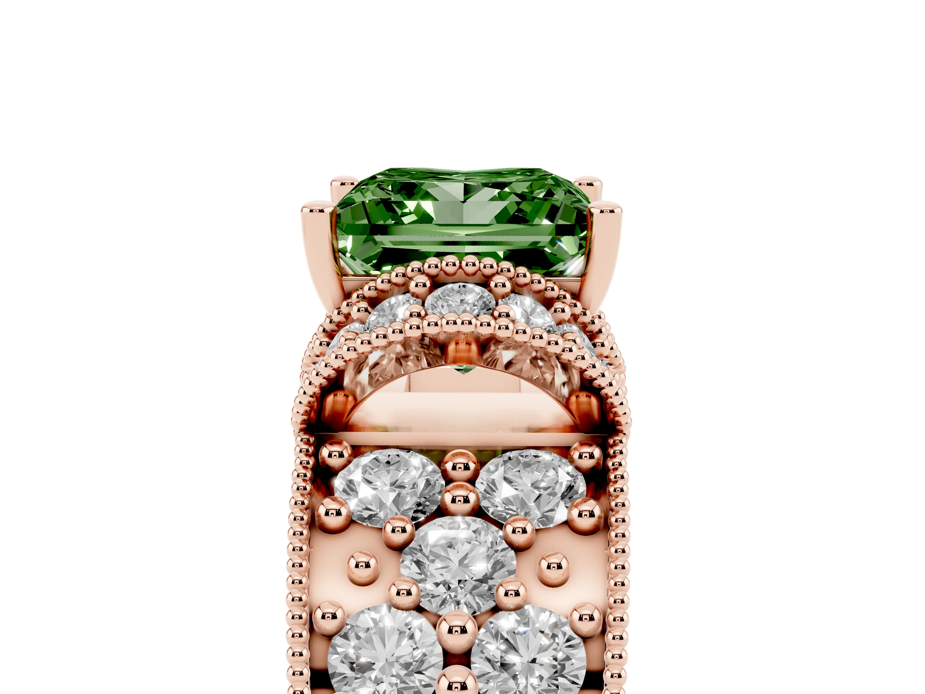 Fancy Green Princess Cut Diamond Milgrain Halo Pavé Engagement Ring Set in Rose gold with Prong Setting