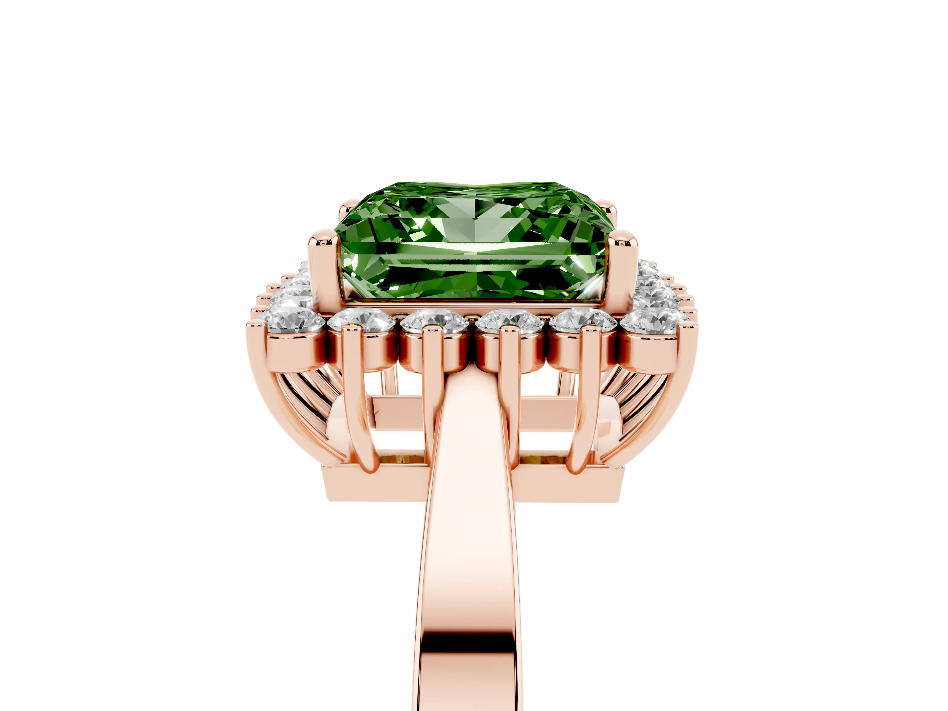 Fancy Green Princess Cut Diamond Halo Ring Set in Rose gold with Round Halo and Smooth Solitaire Band