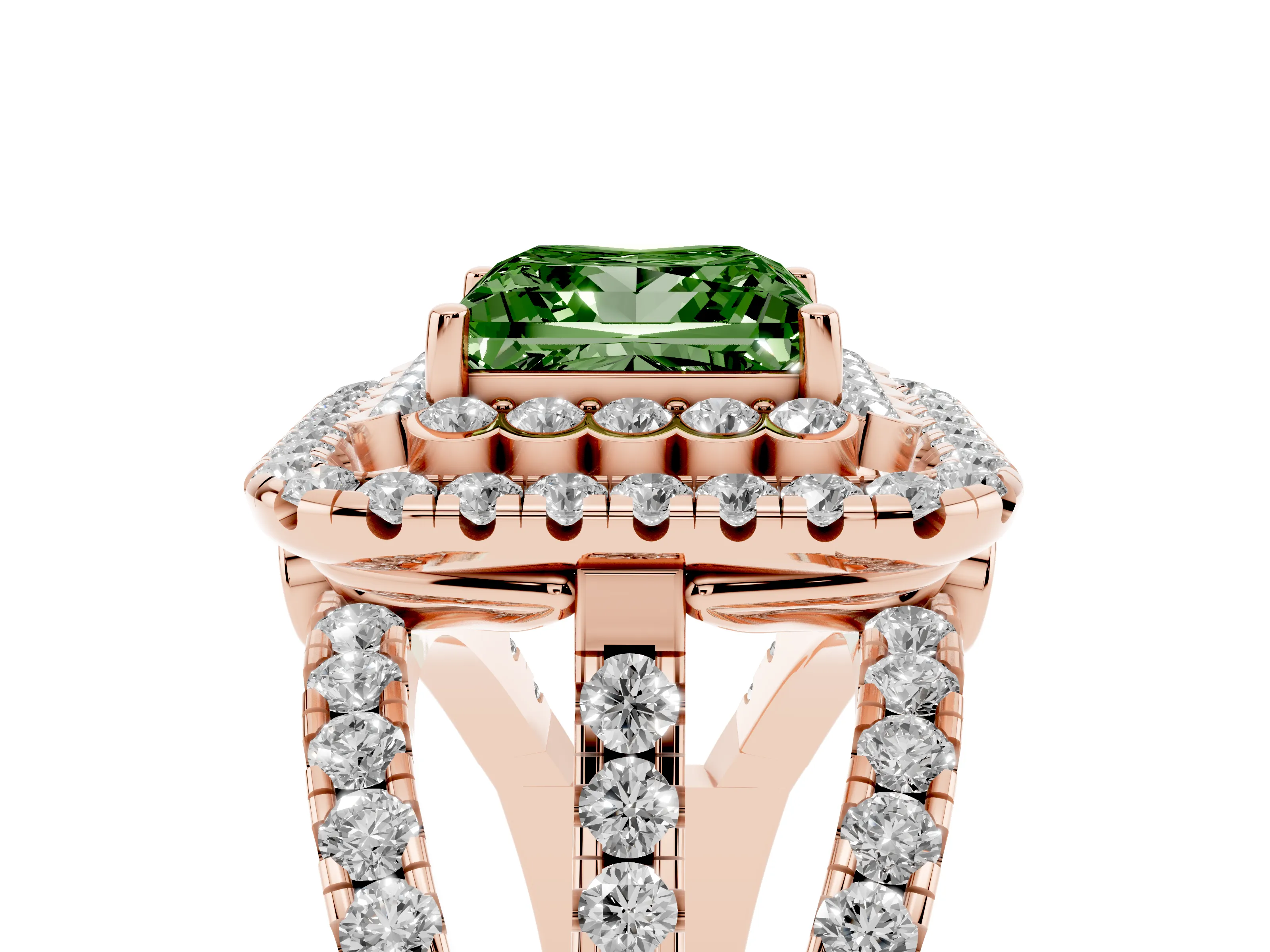 Fancy Green Princess Cut Diamond Double Halo Ring Set in Rose gold with Round Pavé Split Shank