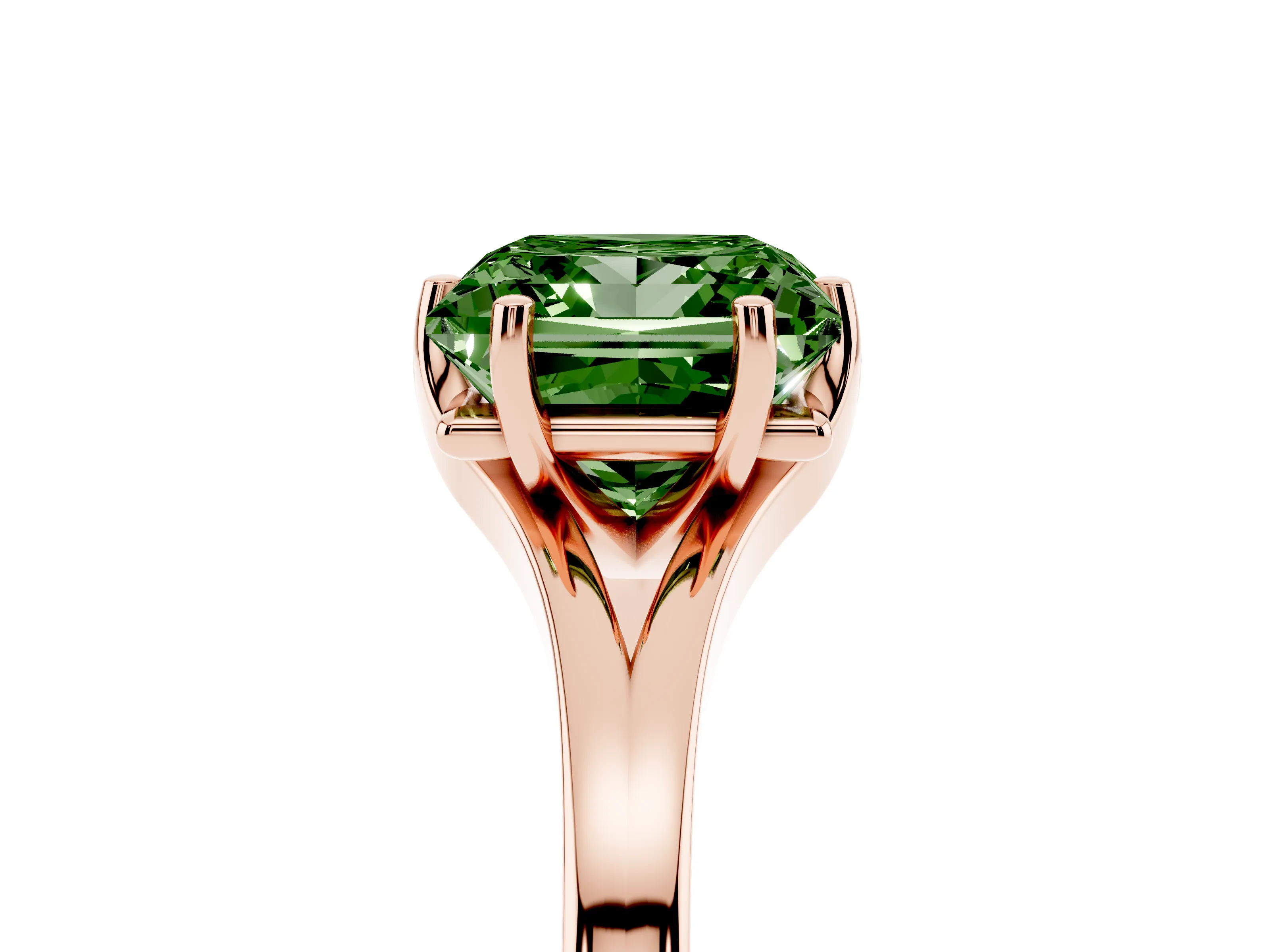 Fancy Green Princess Cut Diamond Solitaire Ring Set in Rose gold with Polished Tapered Band and Prong Setting