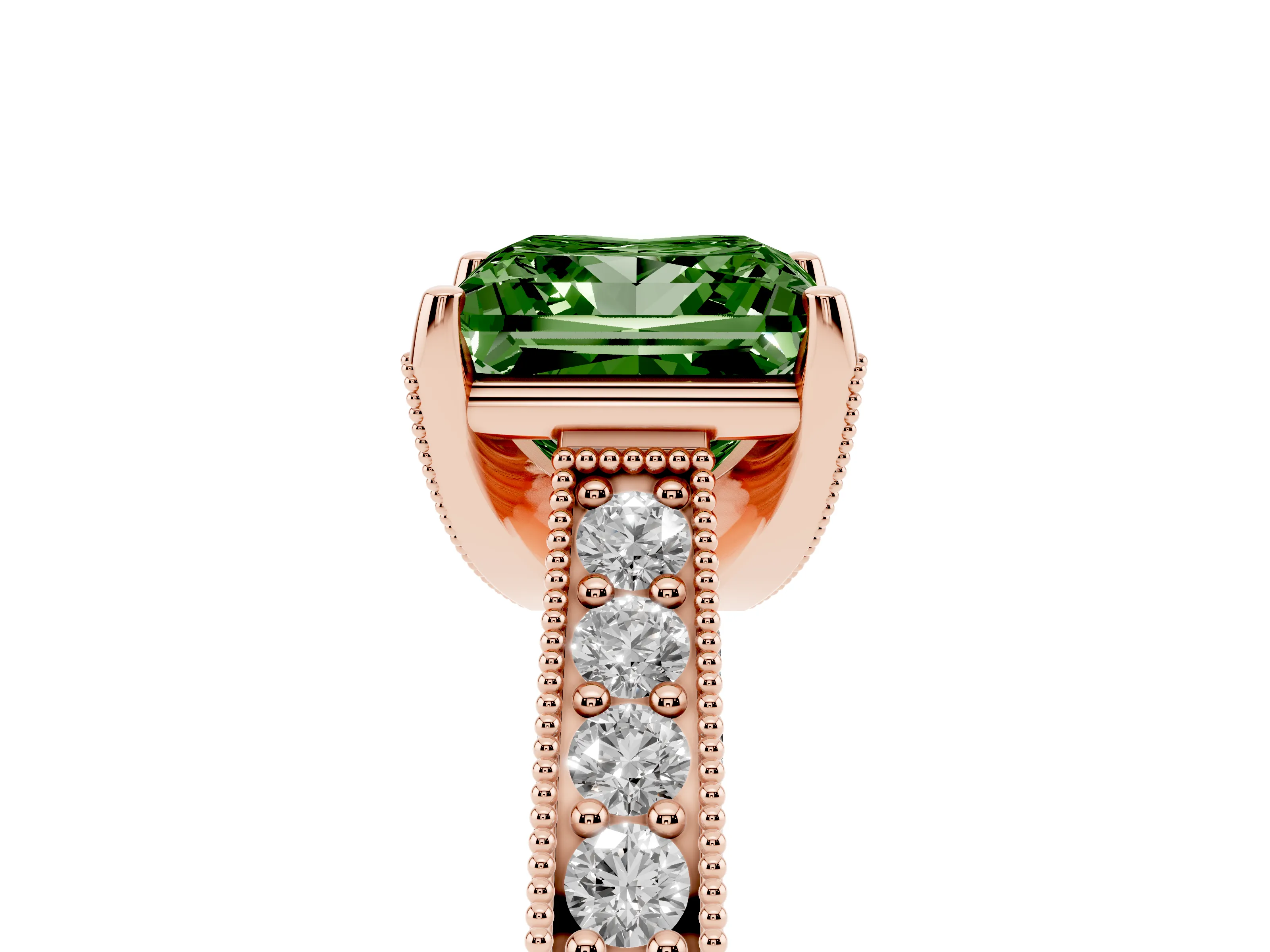 Fancy Green Princess Cut Diamond Solitaire Ring Set in Rose gold with Milgrain-Edged Pavé Band and Prong Setting