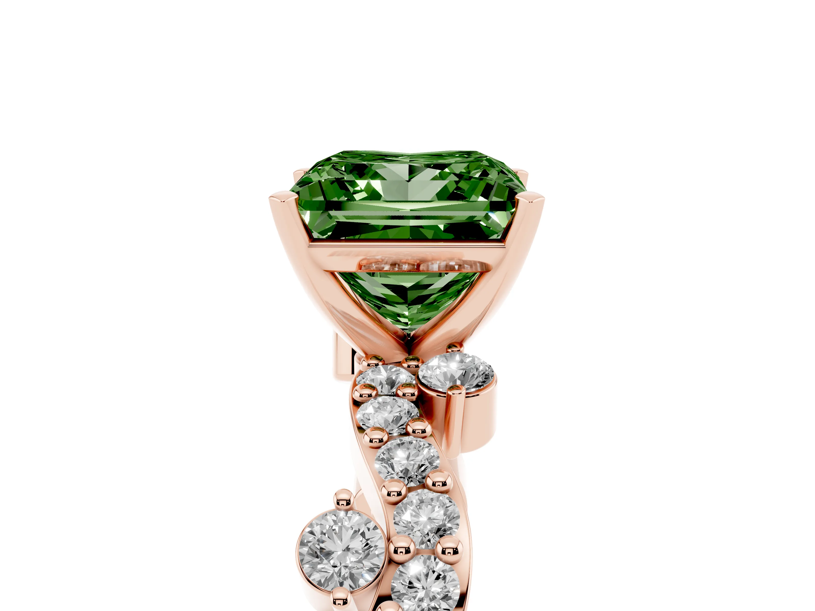 Fancy Green Princess Cut Diamond Solitaire Twisted Band Set in Rose gold with Pavé Setting