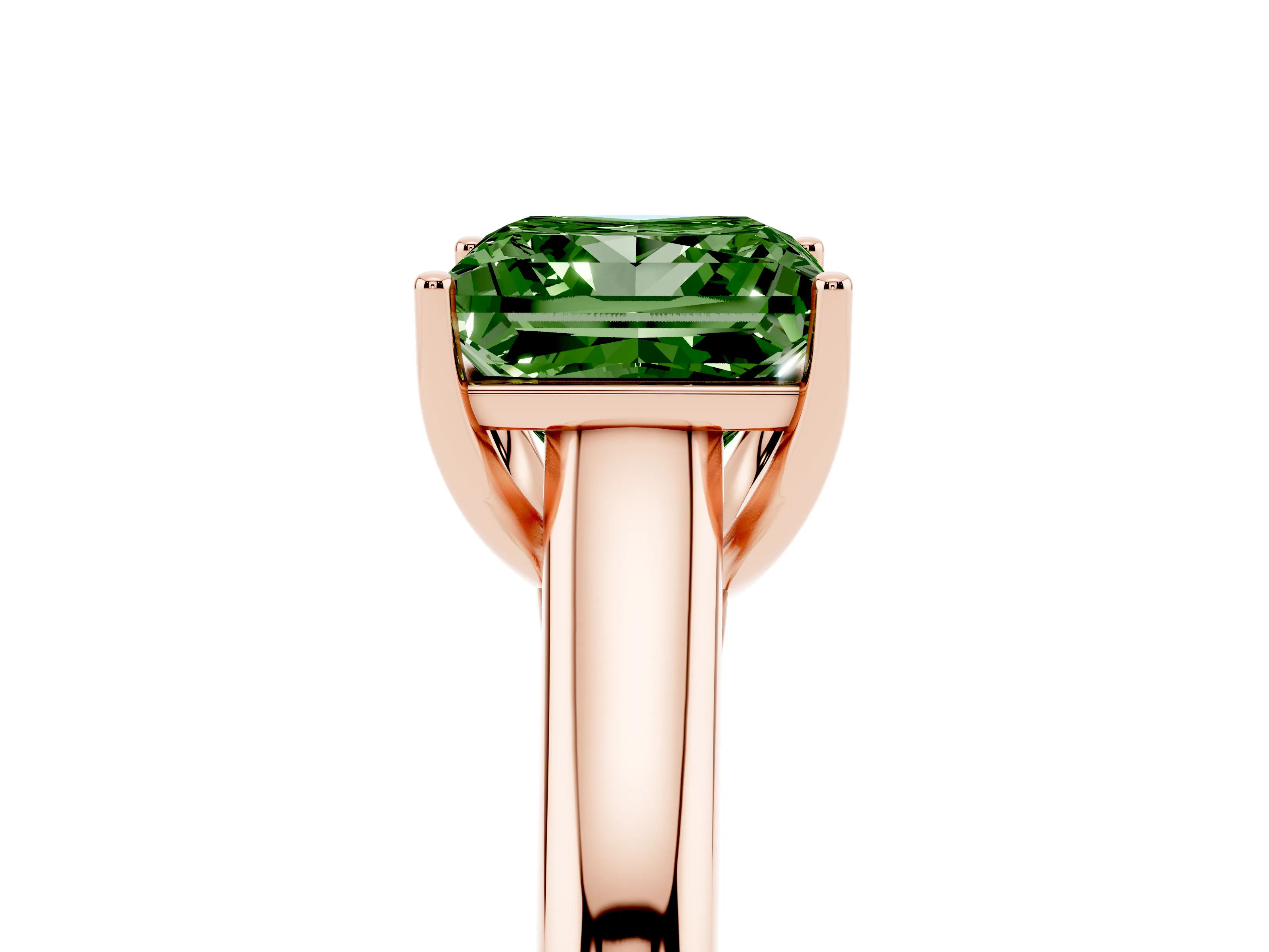 Fancy Green Princess Cut Diamond Solitaire Engagement Ring Set in Rose gold with Subtly Tapered Band and Prong Setting