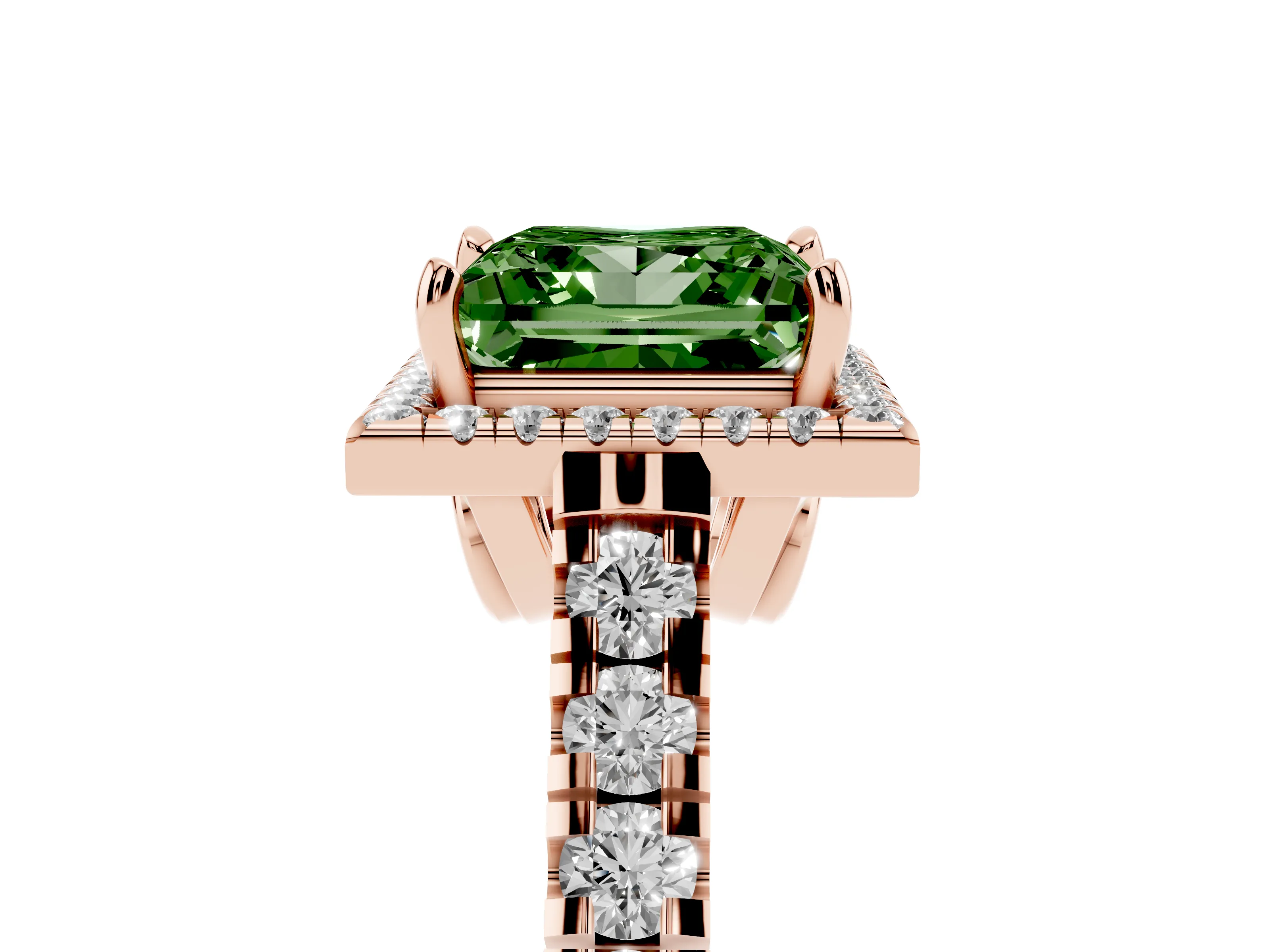 Fancy Green Princess Cut Diamond Halo Engagement Ring Set in Rose gold with Pavé Band and Prong-Set Center