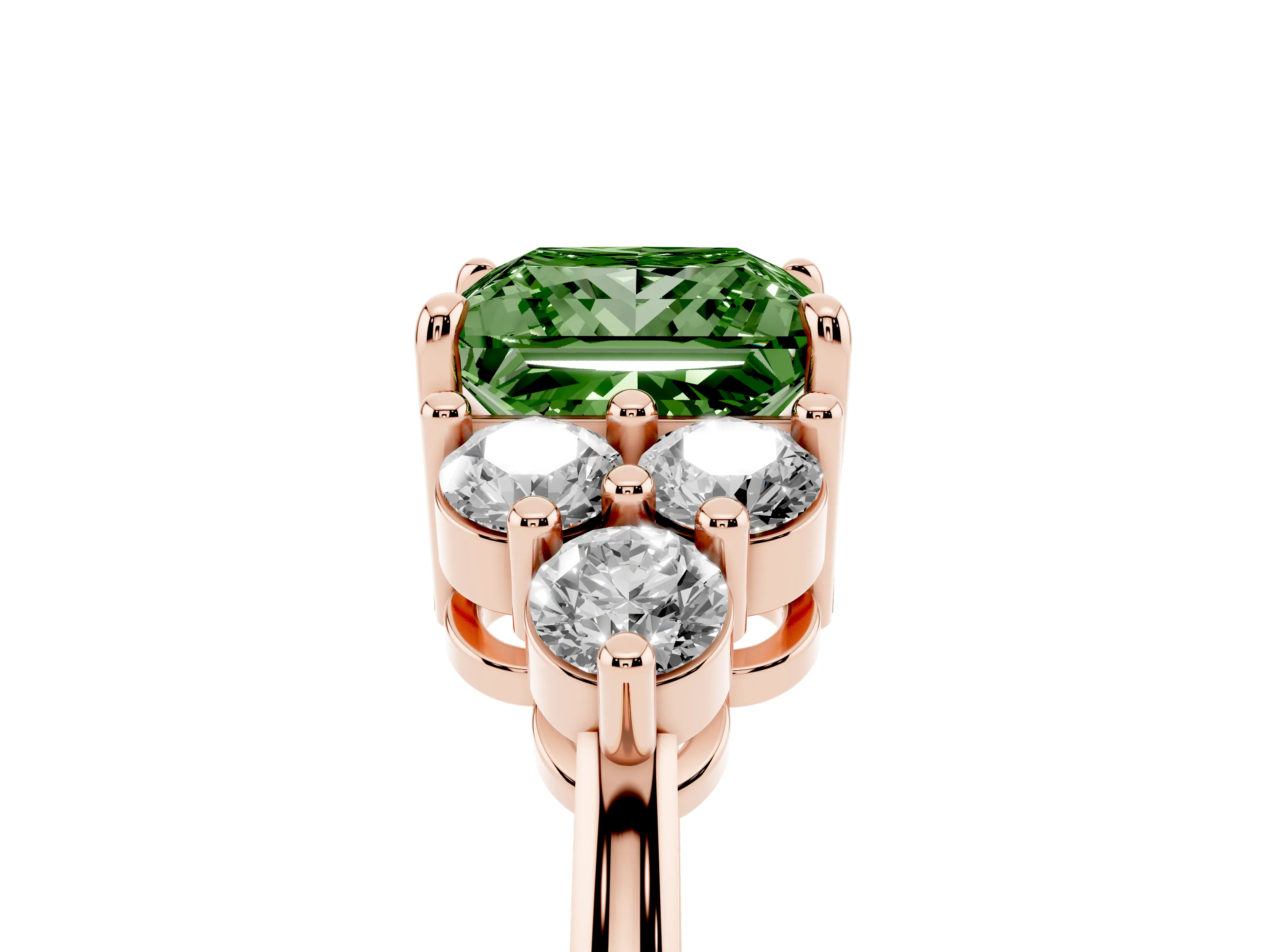 Fancy Green Princess Cut Diamond Solitaire Ring Set in Rose gold with Cluster Accents on Each Side