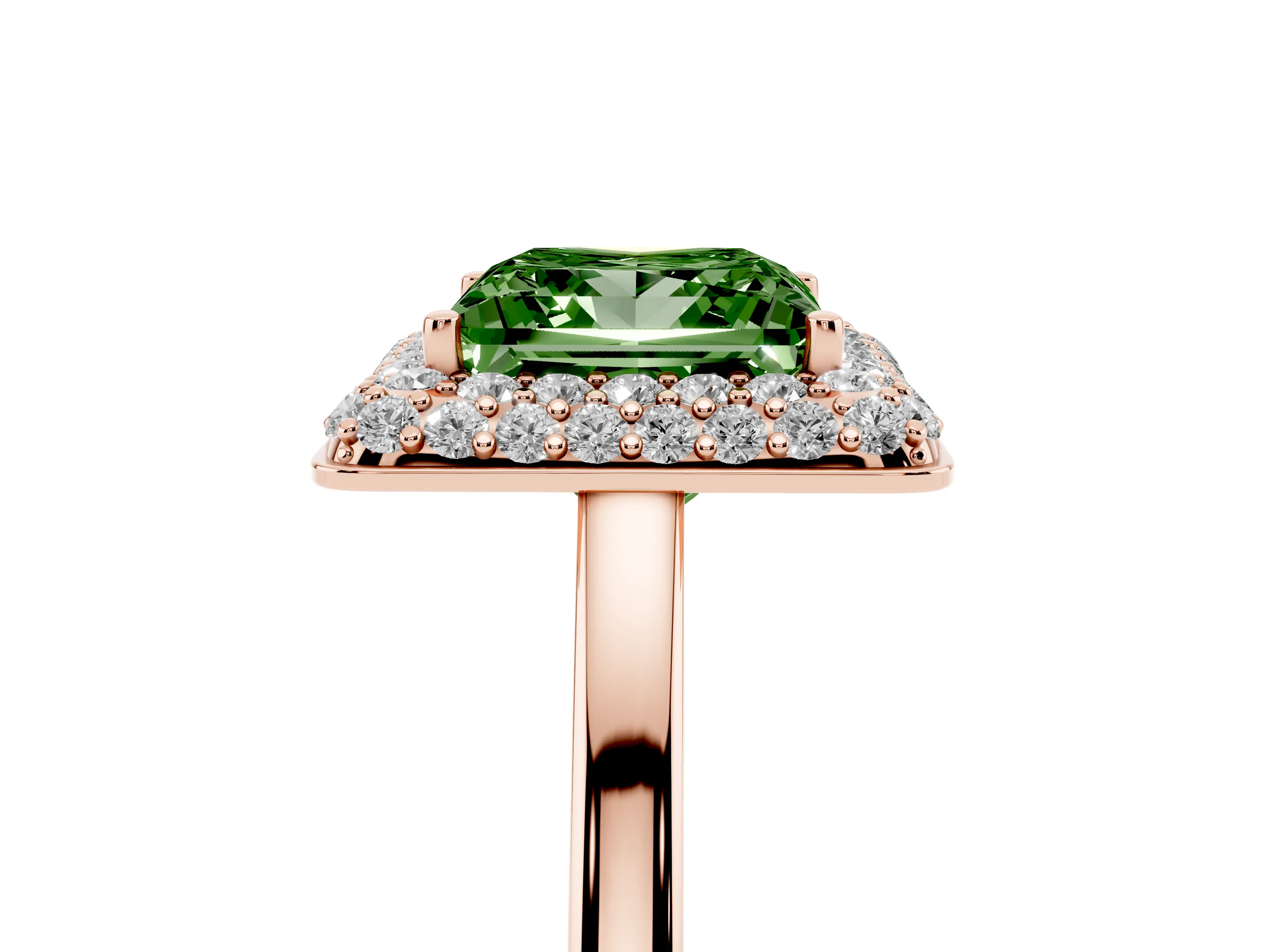 Fancy Green Princess Cut Diamond Halo Engagement Ring Set in Rose gold with Solitaire Band and Prong Setting