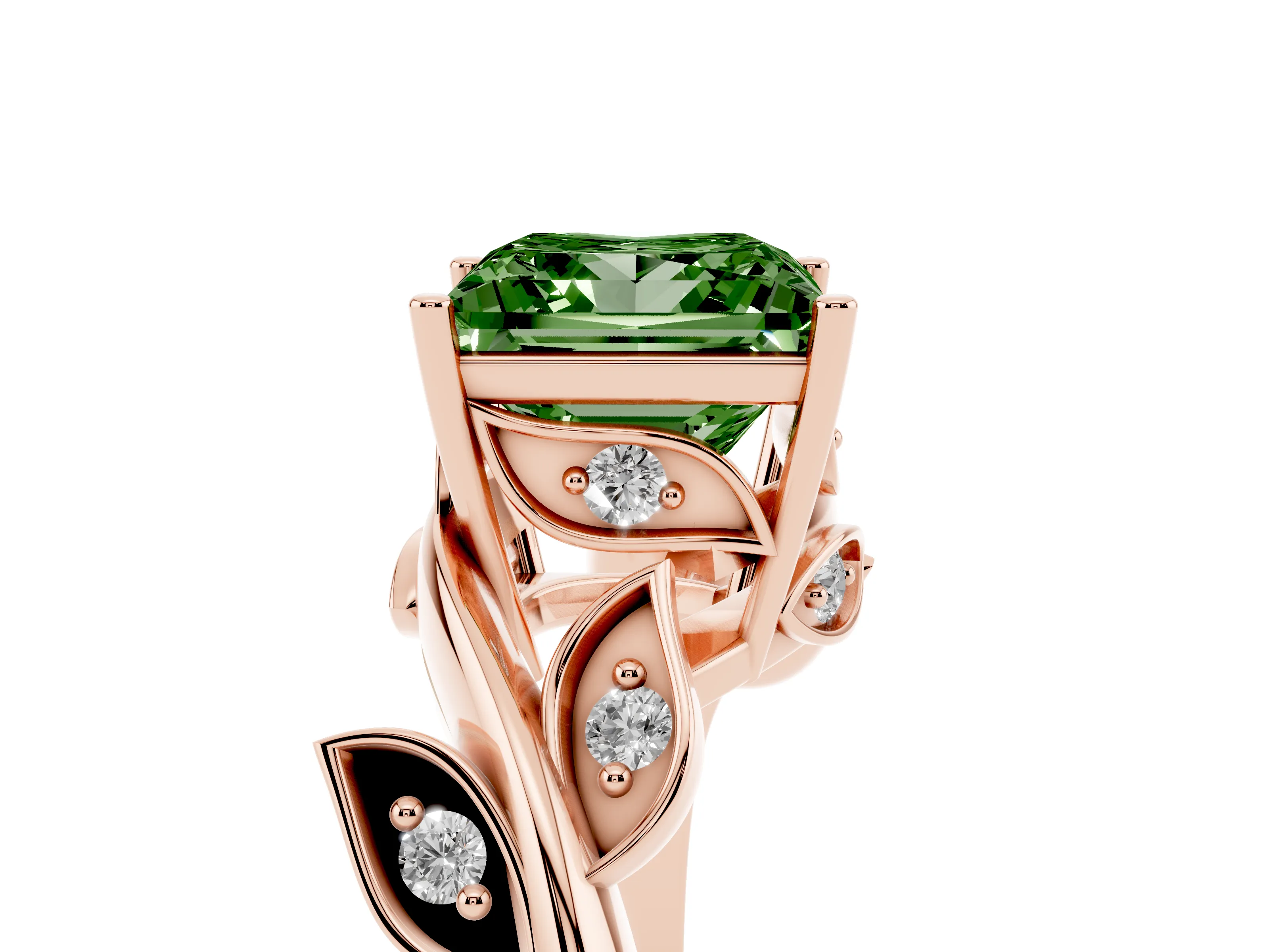 Fancy Green Princess Cut Diamond Solitaire Twist Engagement Ring Set in Rose gold with Pavé Leaf Accents