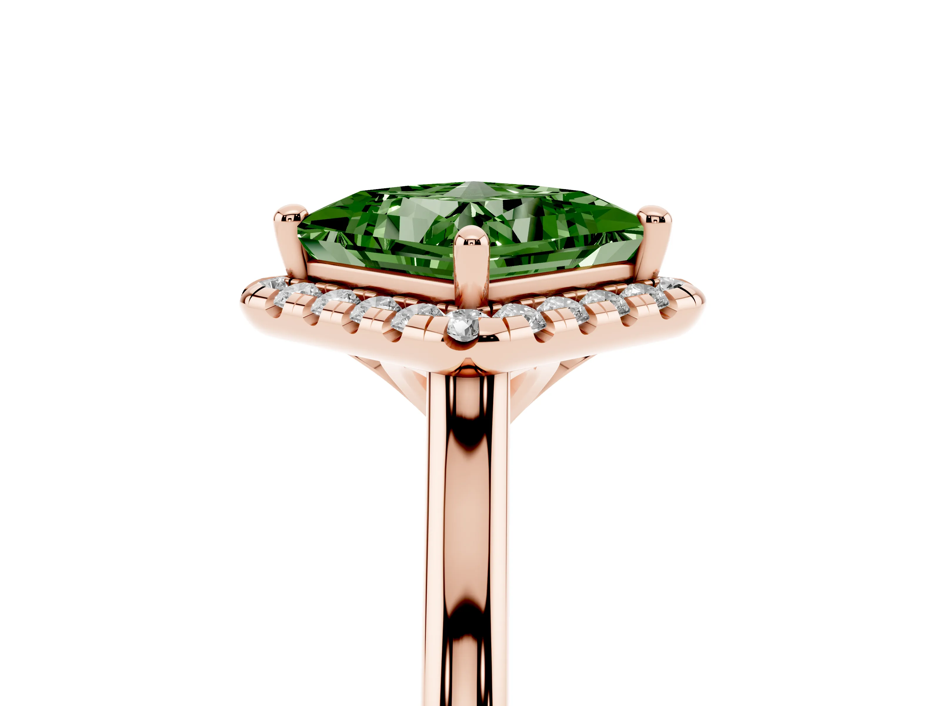 Fancy Green Princess Cut Diamond Halo Engagement Ring Set in Rose gold with Pavé Band and Rising Shoulders