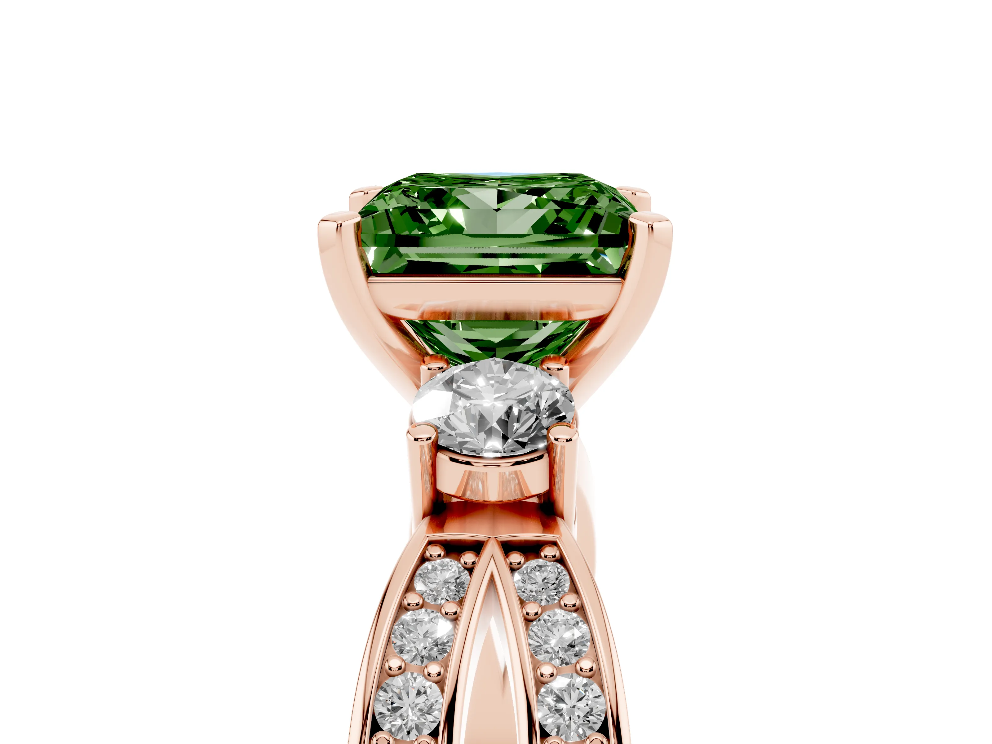 Fancy Green Three-Stone Princess Cut Diamond Twist Band Ring Set in Rose gold with Pavé Accents and Prong Setting