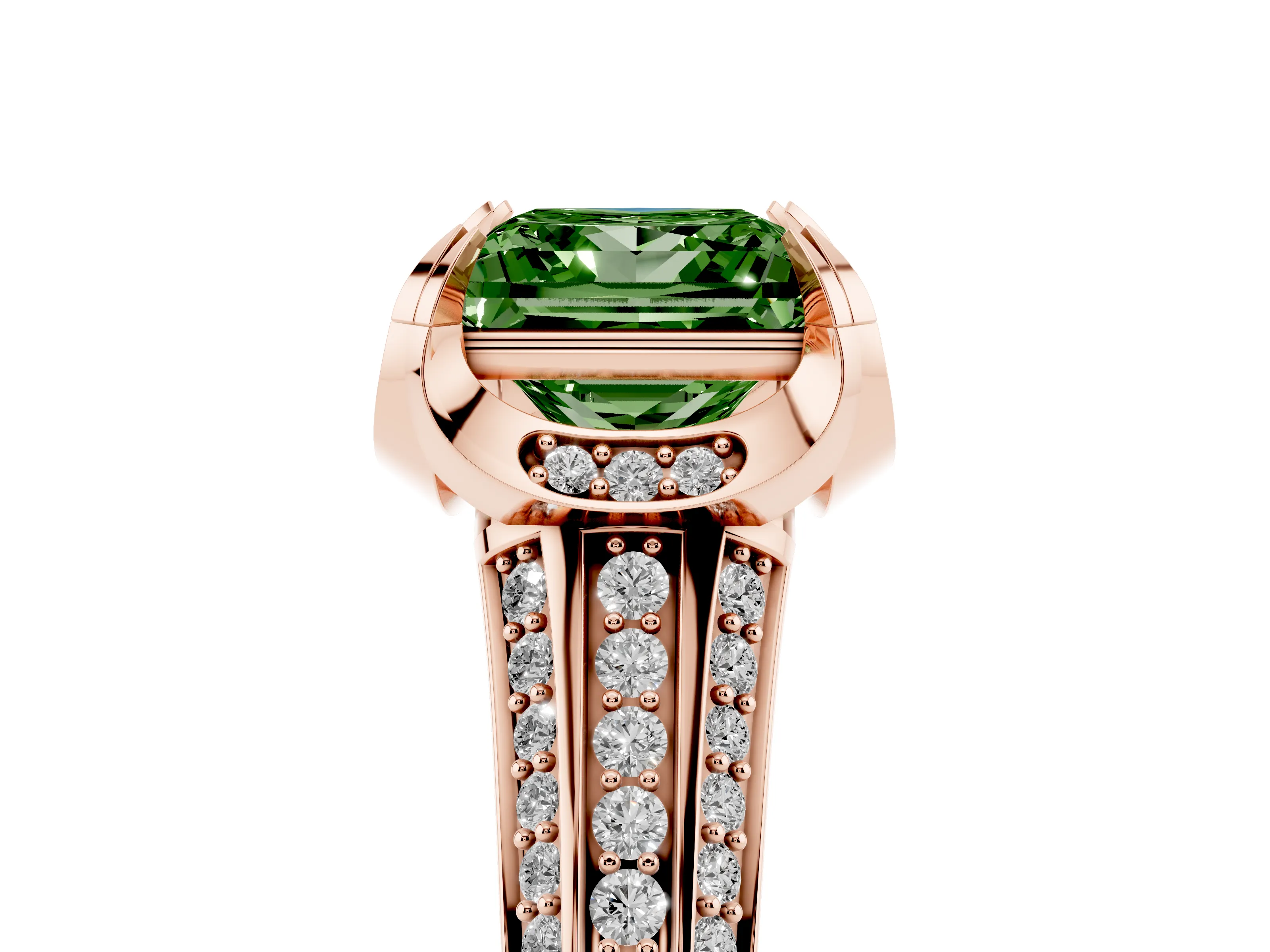 Fancy Green Princess Cut Diamond Pavé Split Shank Solitaire Ring Set in Rose gold with Prong Setting