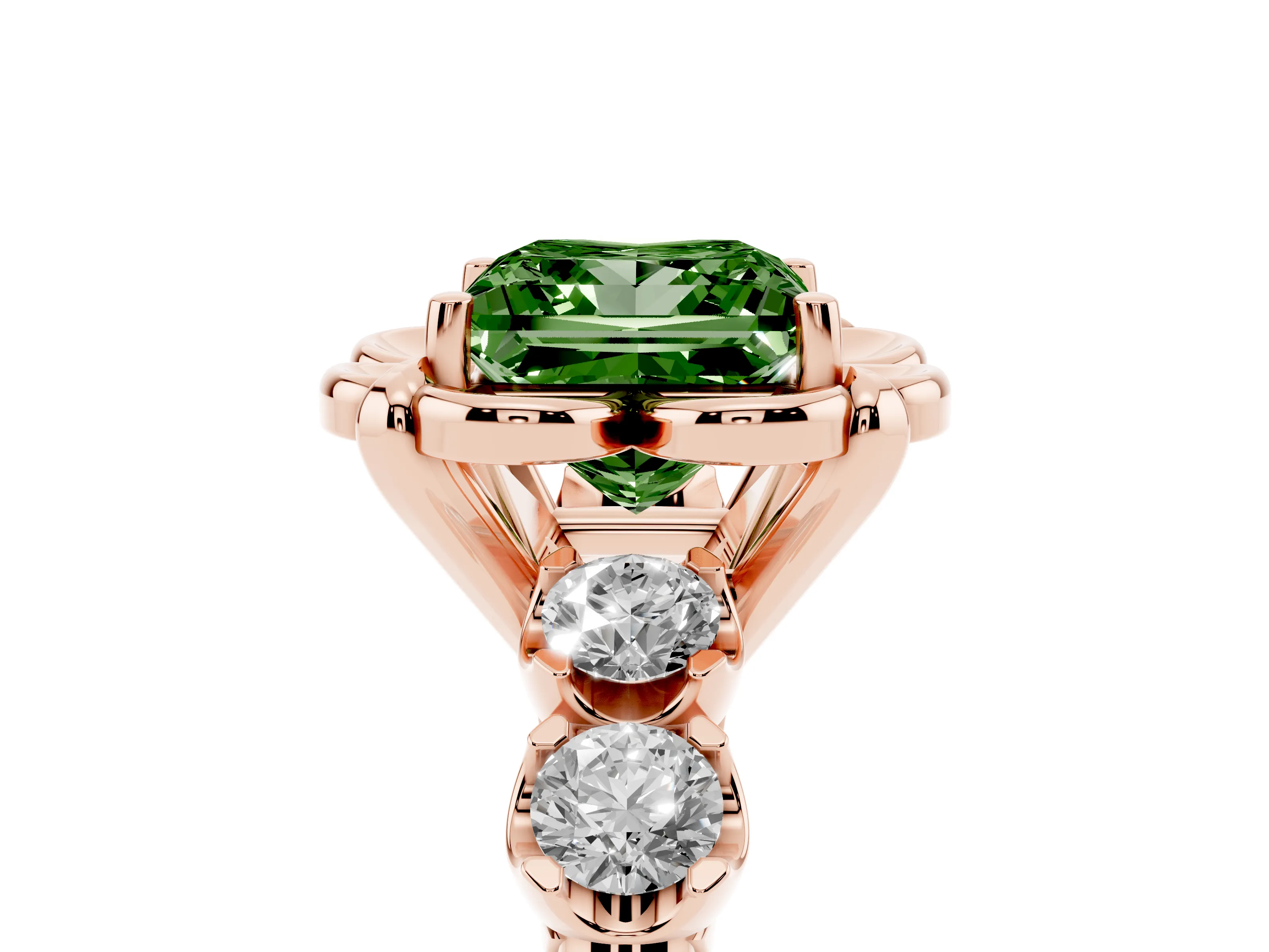 Fancy Green Princess Cut Diamond Floral Halo Ring Set in Rose gold with Shared Prong Band