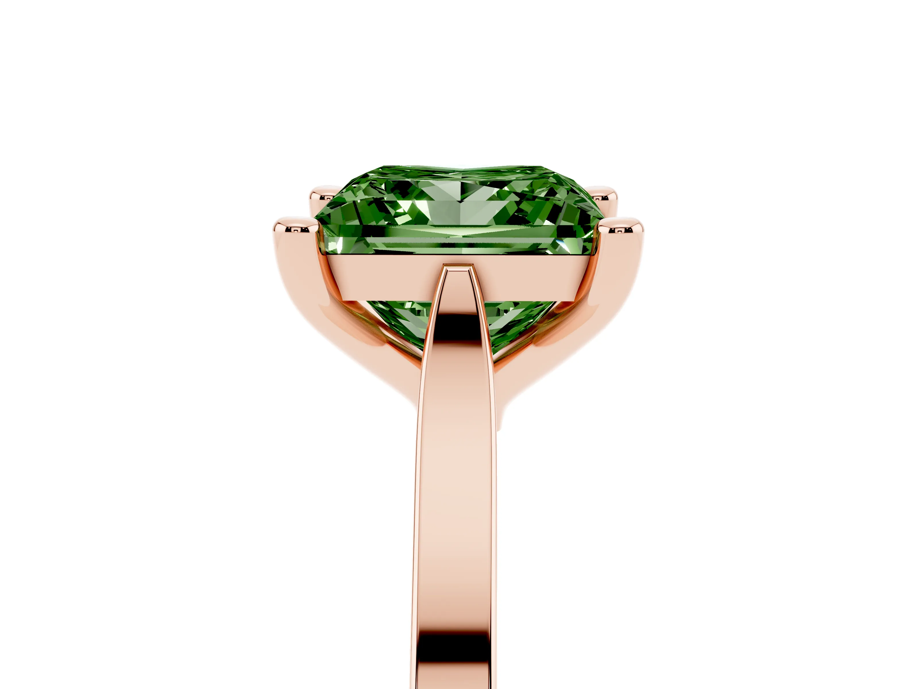 Fancy Green Princess Cut Diamond Solitaire Ring Set in Rose gold with Prong Setting and Tapered Band