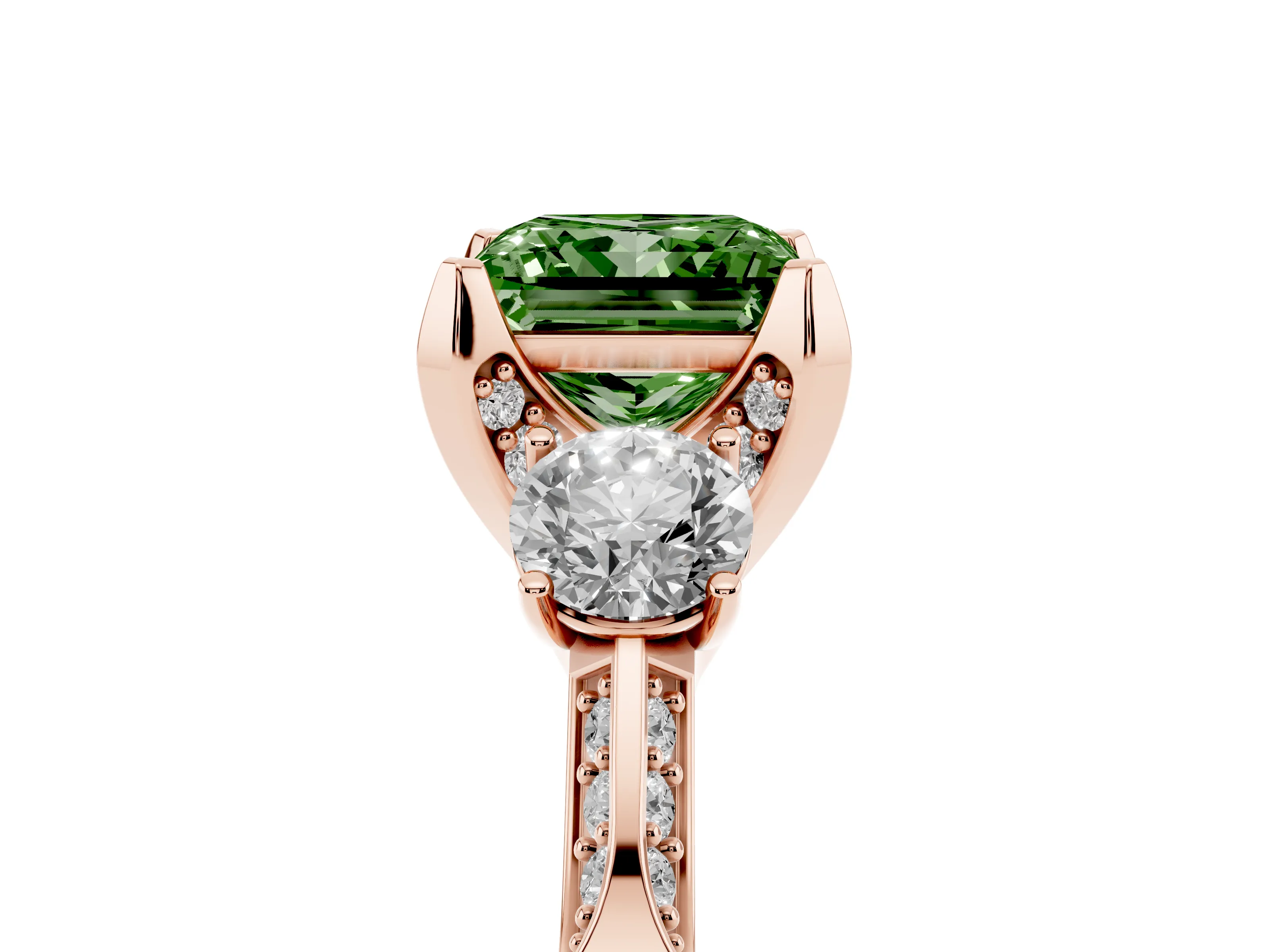 Fancy Green Princess Cut Diamond Three-Stone Ring Set in Rose gold with Pavé Band and Smaller Side Stones