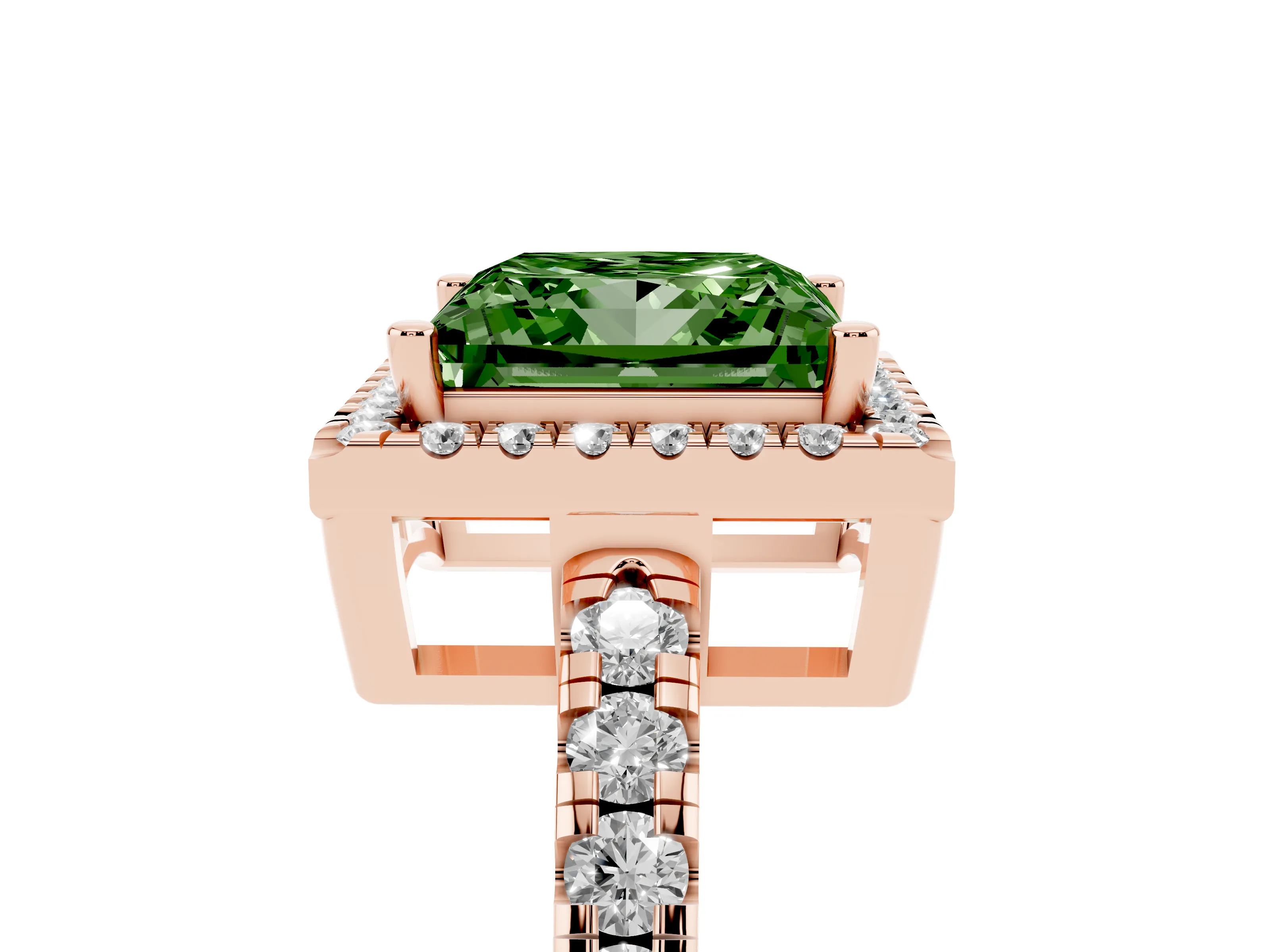 Fancy Green Princess Cut Diamond Halo Ring Set in Rose gold with Delicate Pavé Band and Prong Setting