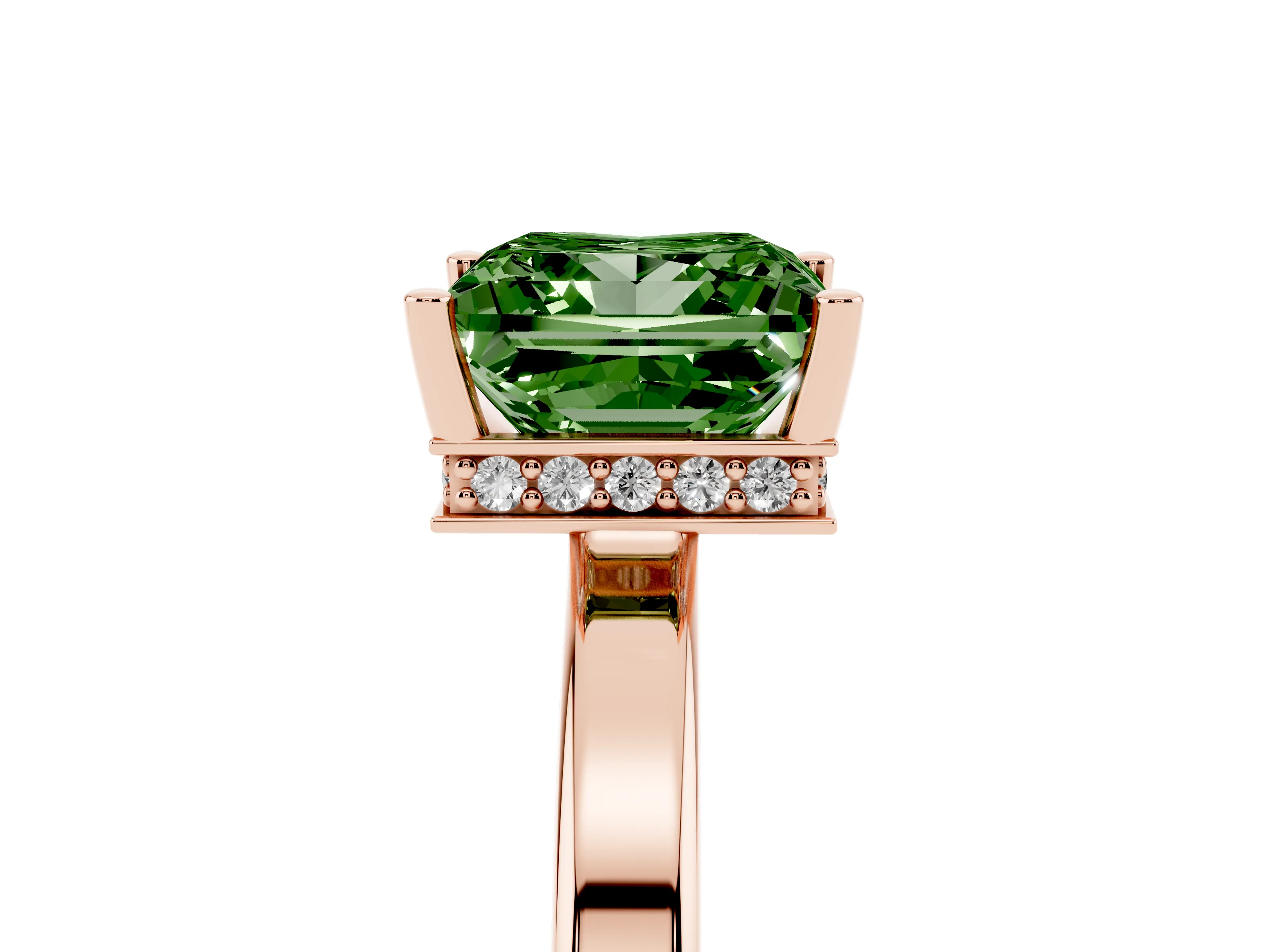 Fancy Green Princess Cut Diamond Solitaire Engagement Ring Set in Rose gold with Prong Setting on a Plain Band